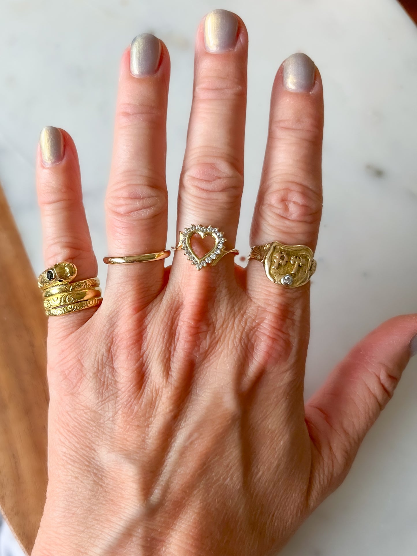 Vintage Natural Diamond 14k Yellow Gold Open Heart Ring