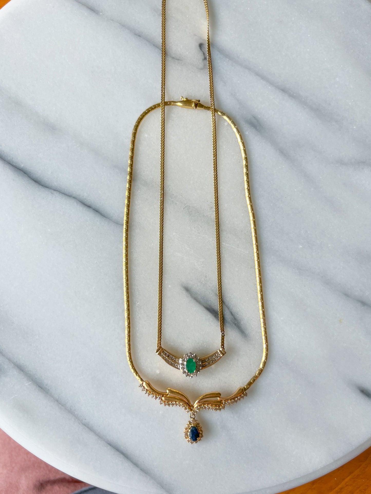 Vintage Natural Diamond, Emerald and Sapphire Pendant 14k Yellow Gold Necklaces