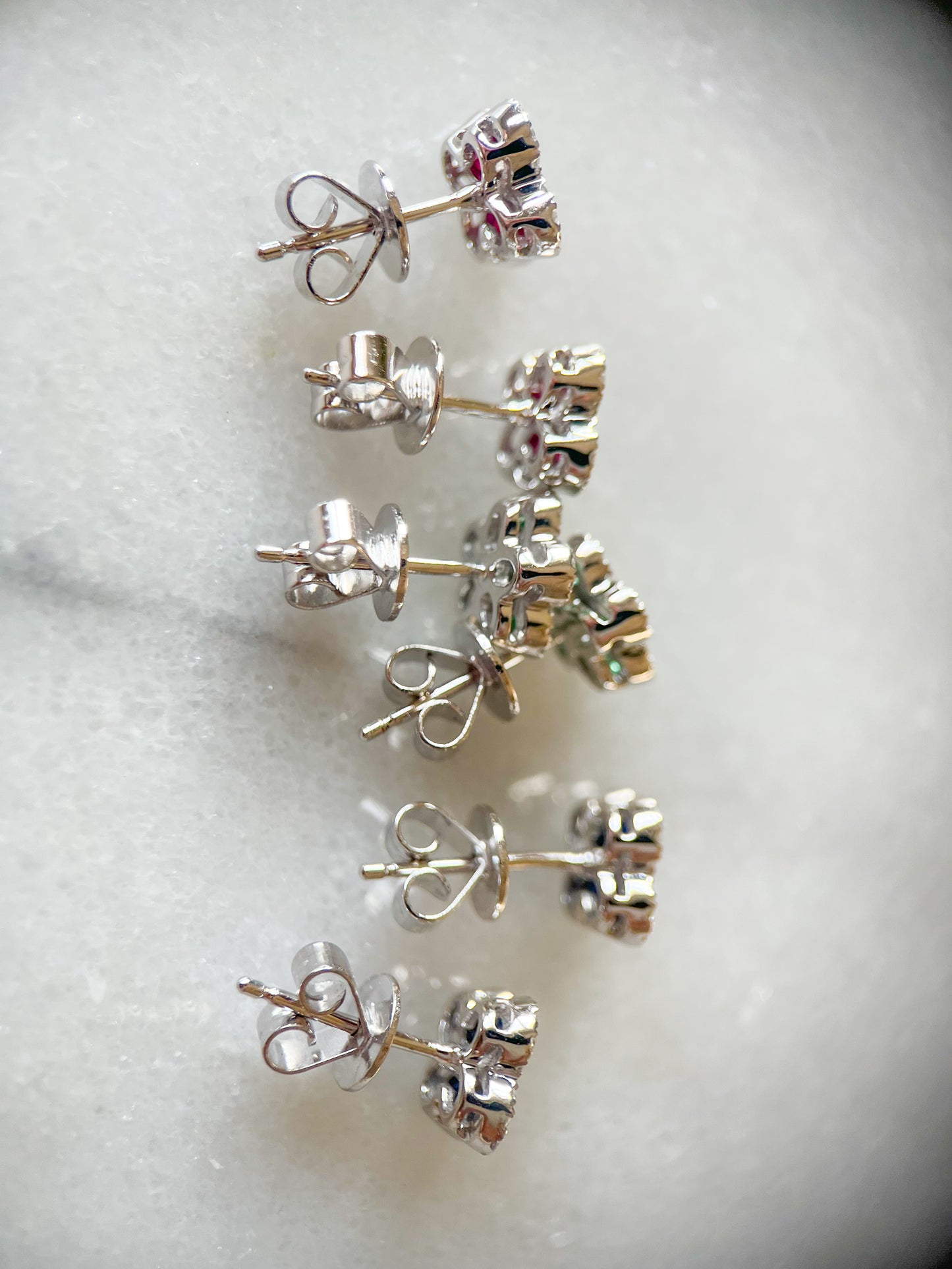 Natural Ruby, Sapphire, Emerald and Diamond 14k White Gold Flower Stud Earrings