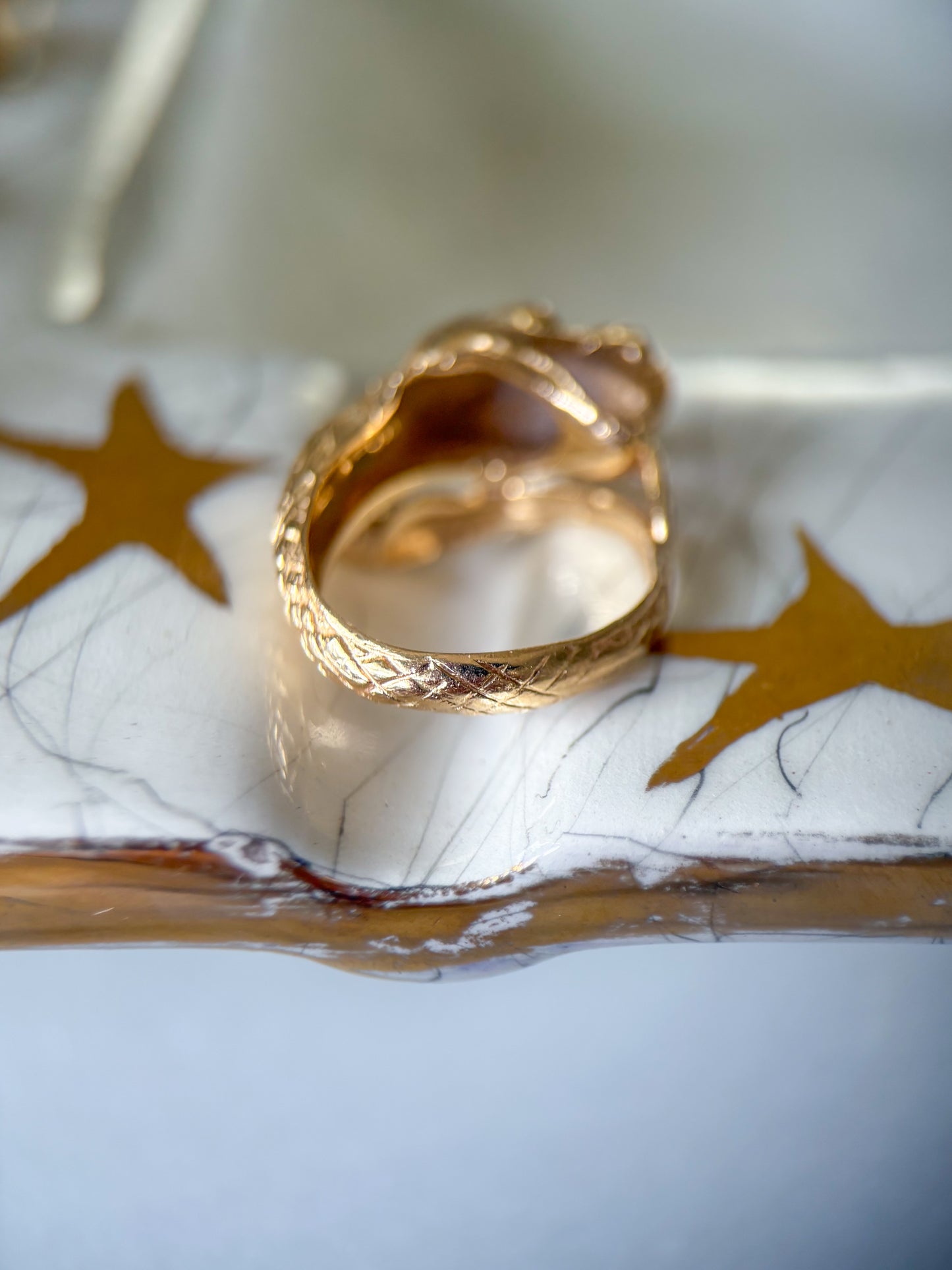 Vintage Snake with Natural Diamond Eyes 14k Yellow Gold Ring