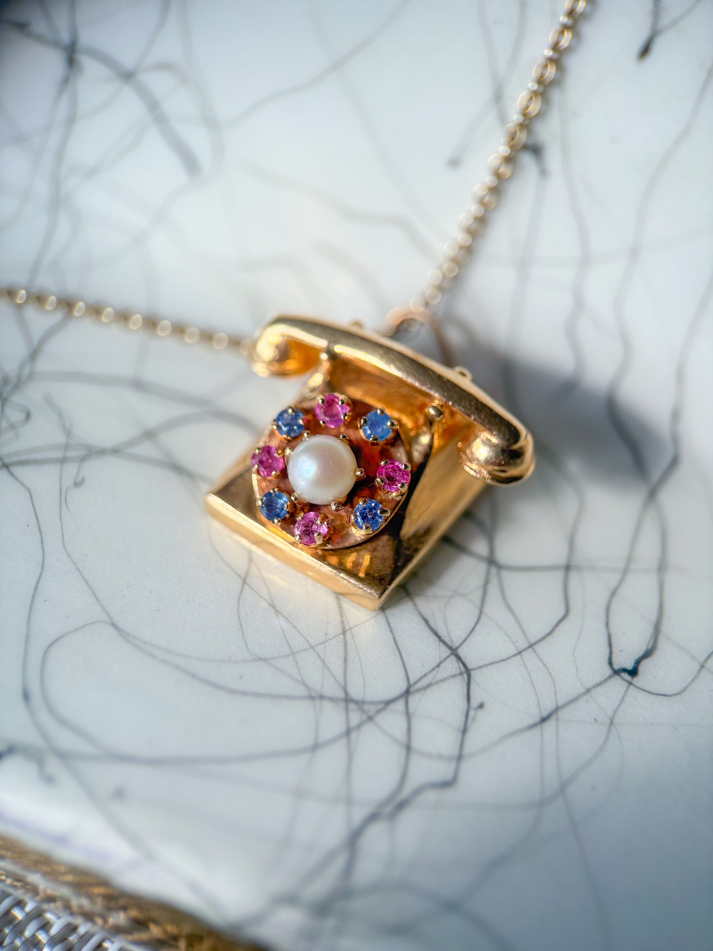Vintage Telephone with Natural Rubies, Sapphires and a Pearl 14k Yellow Gold Charm