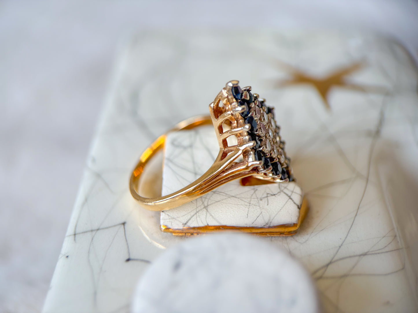 Vintage 14k Yellow Gold Ring with Blue and White CZs