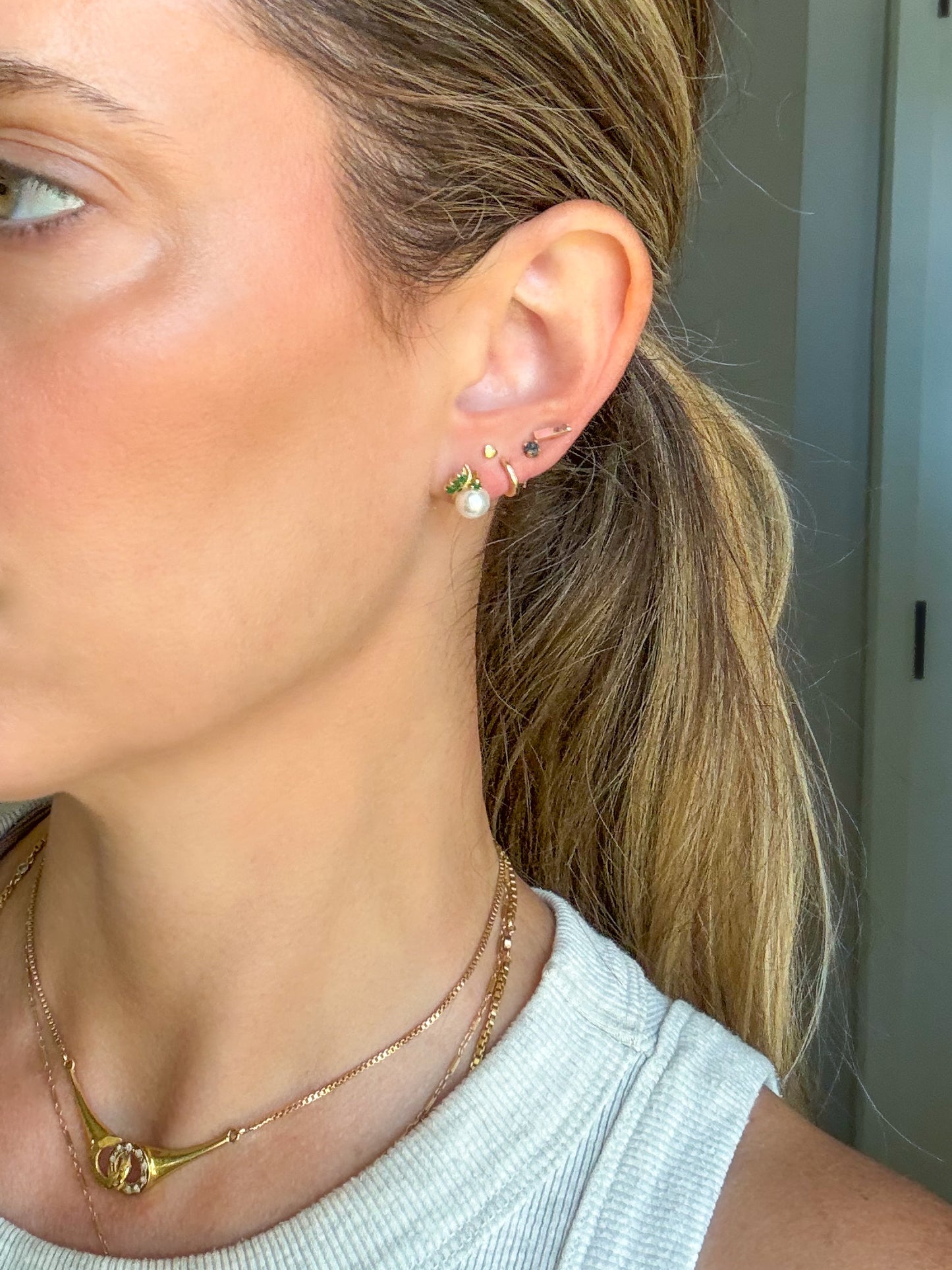 Vintage Pearl Stud with Natural Emeralds 14k Yellow Gold Earrings