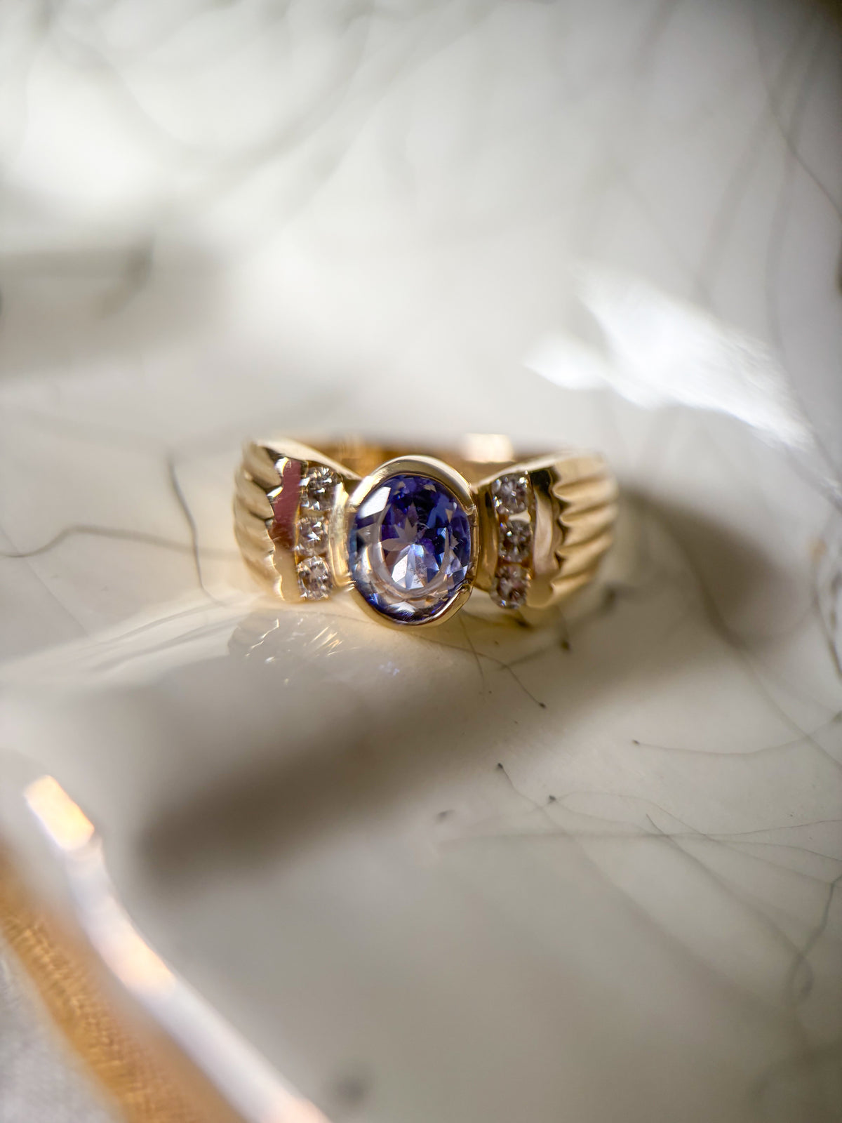 Vintage Natural Tanzanite and Natural Diamond 14k Yellow Gold Ring