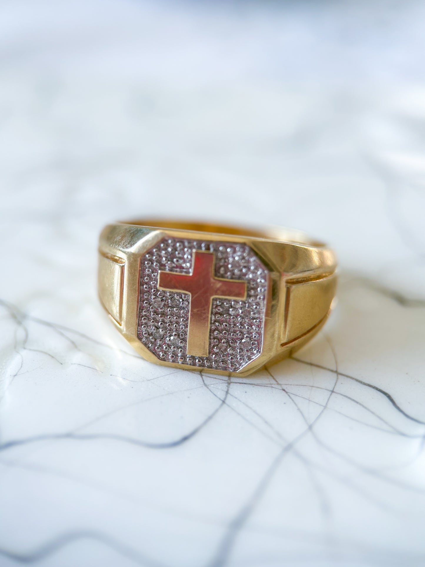 Vintage Cross Natural Diamond 10k Yellow Gold Men's Ring