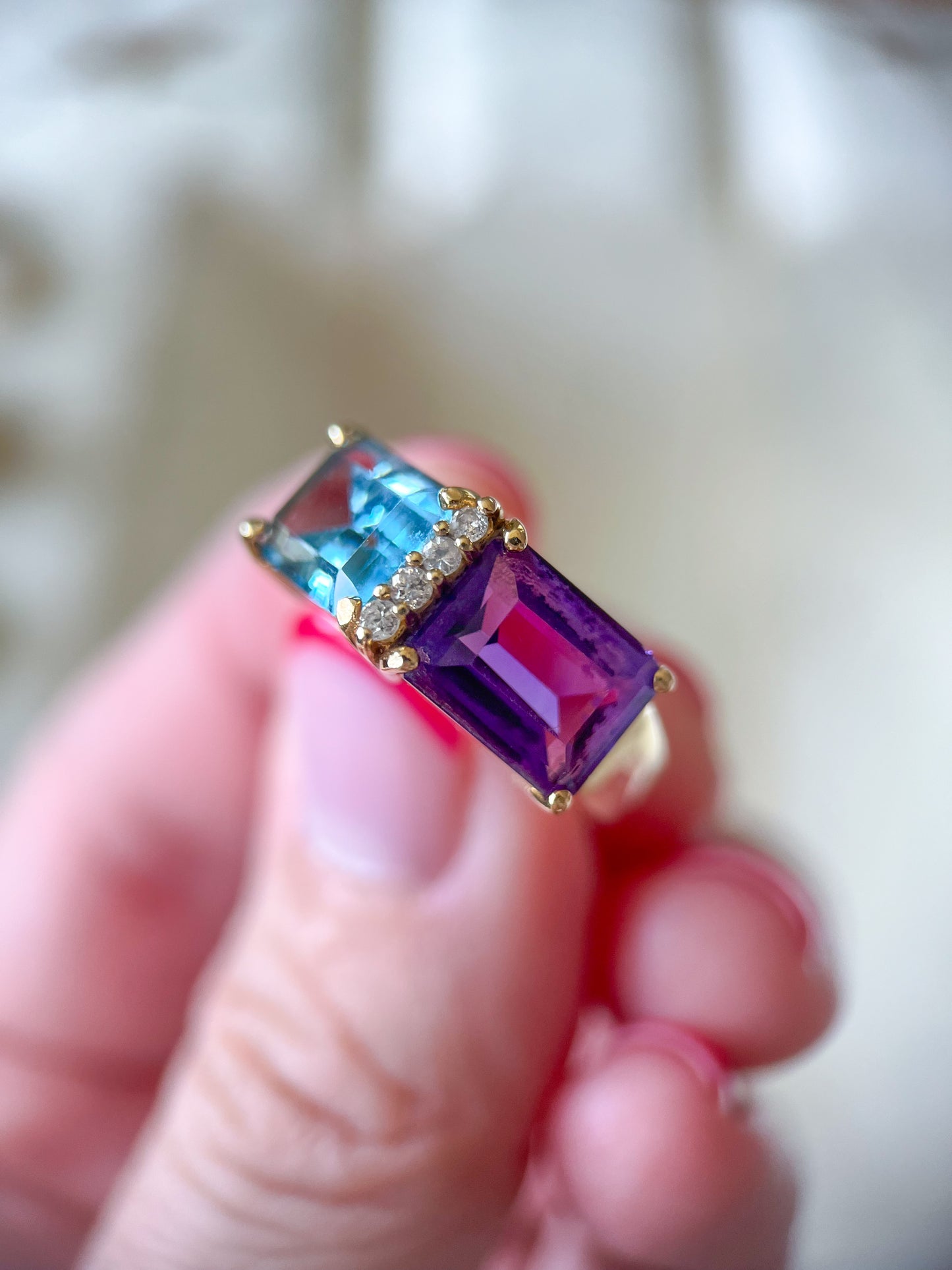 Vintage Natural Amethyst and Topaz Two Stone Ring with Natural Diamonds 14k Yellow Gold, circa 1980s
