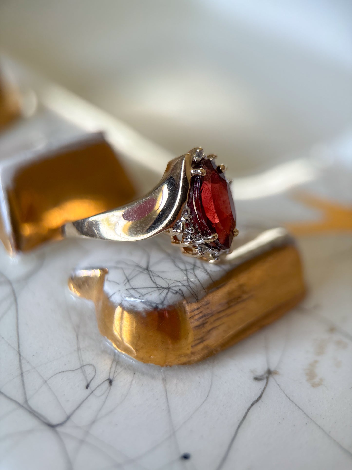 Vintage Marquise Synthetic Garnet 10k Yellow Gold Ring