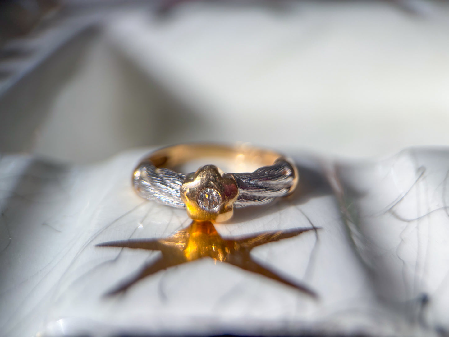 Vintage Flower with Natural Diamond Two Toned 14k White and Yellow Gold Ring