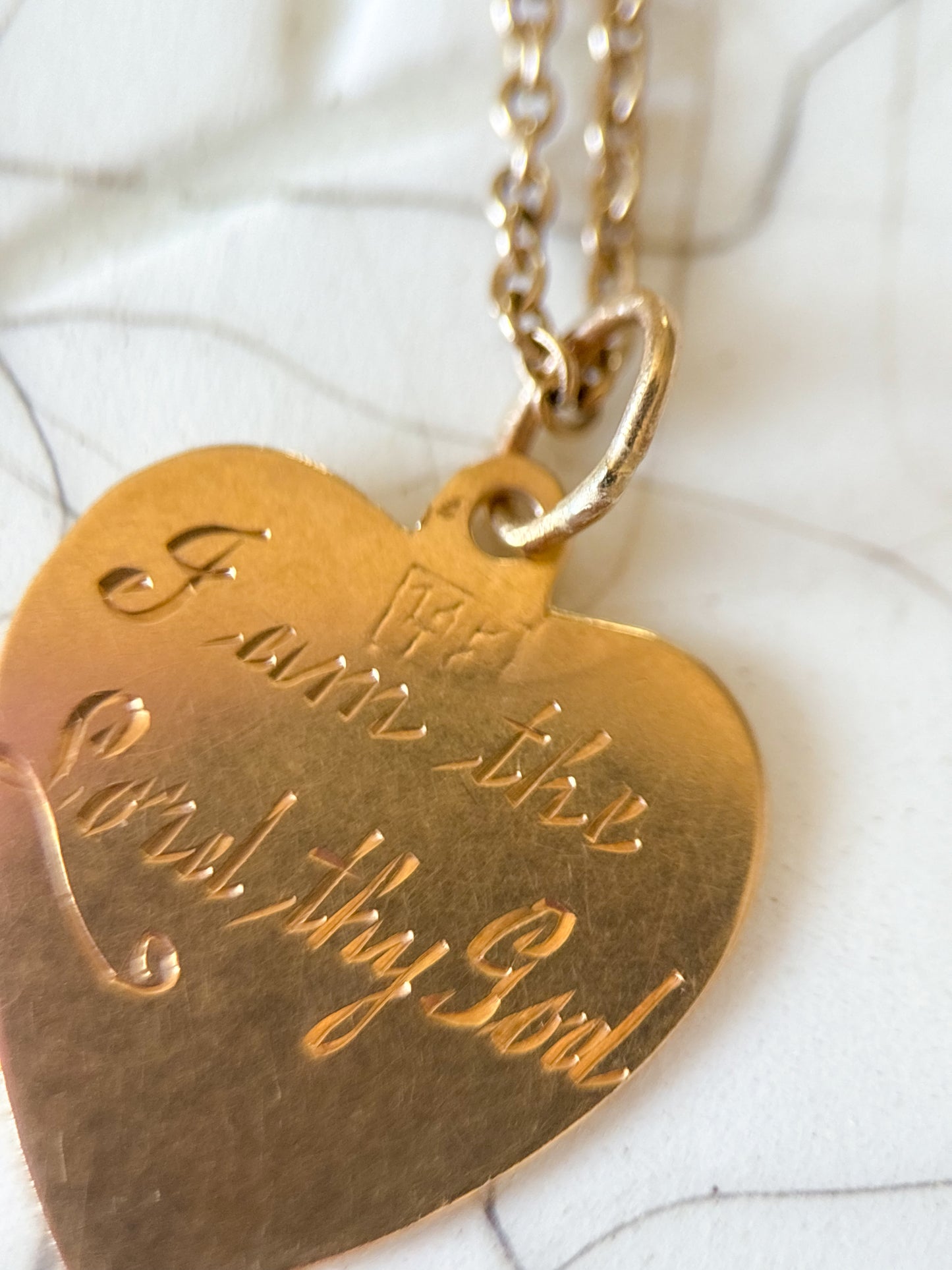 Vintage Engine Turned Heart 14k Yellow Gold Charm, Engraved: "I Am The Lord Thy God"