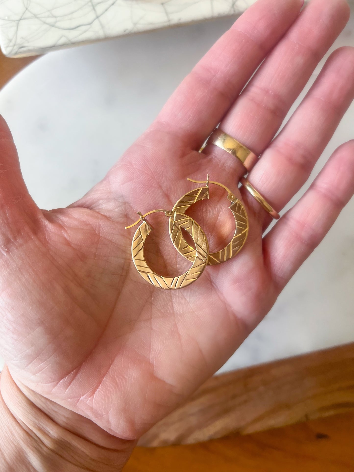 Vintage Large Flat Etched 14k Yellow Gold Hoop Earrings