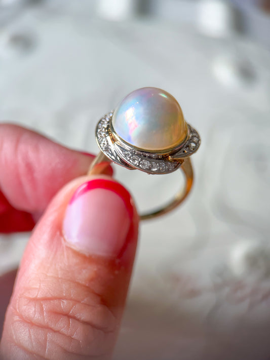 Vintage Pearl and Natural Diamond 14k Yellow Gold Statement Ring