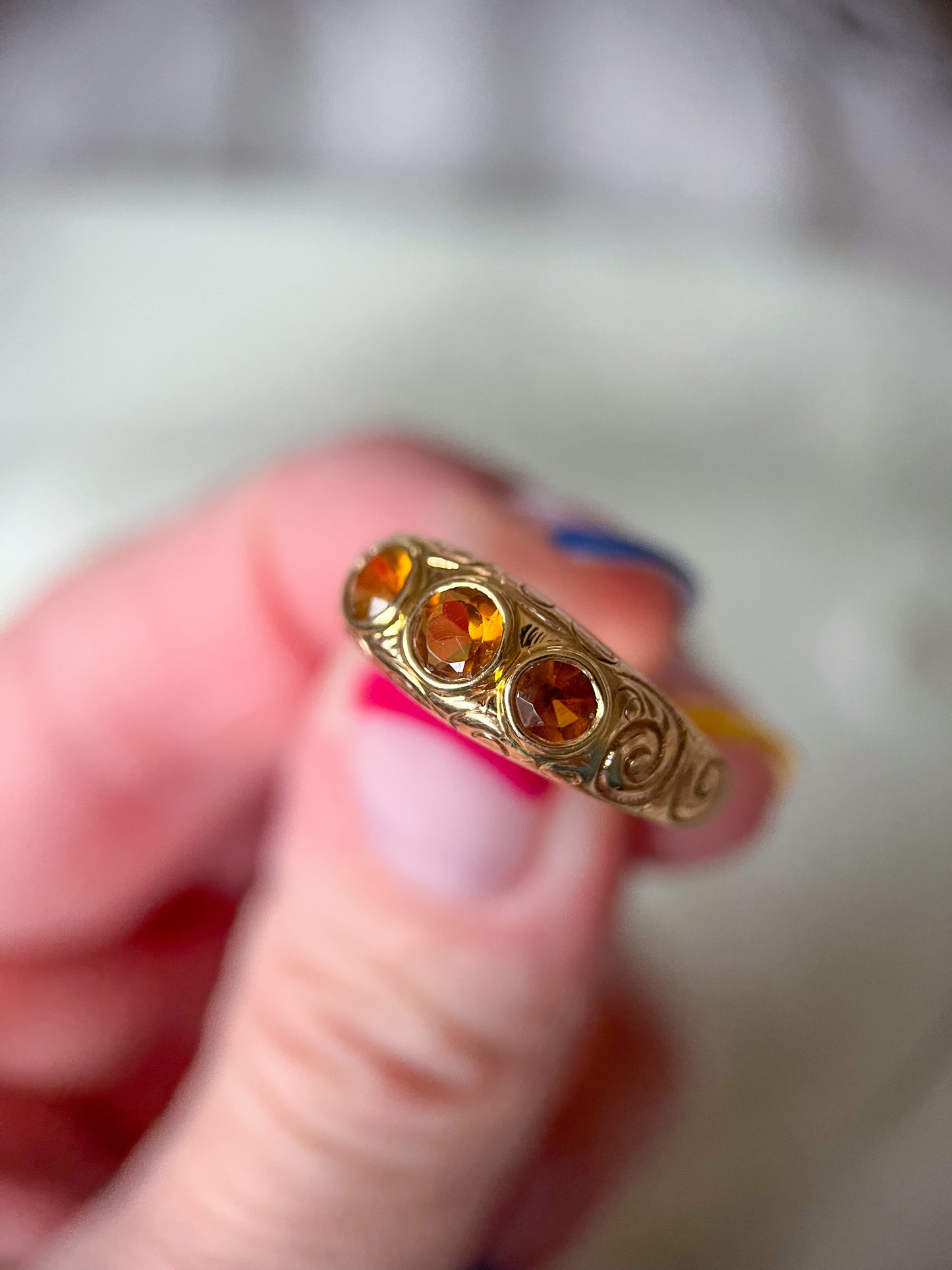 Vintage Three Stone Natural Citrine 10k Yellow Gold Ring