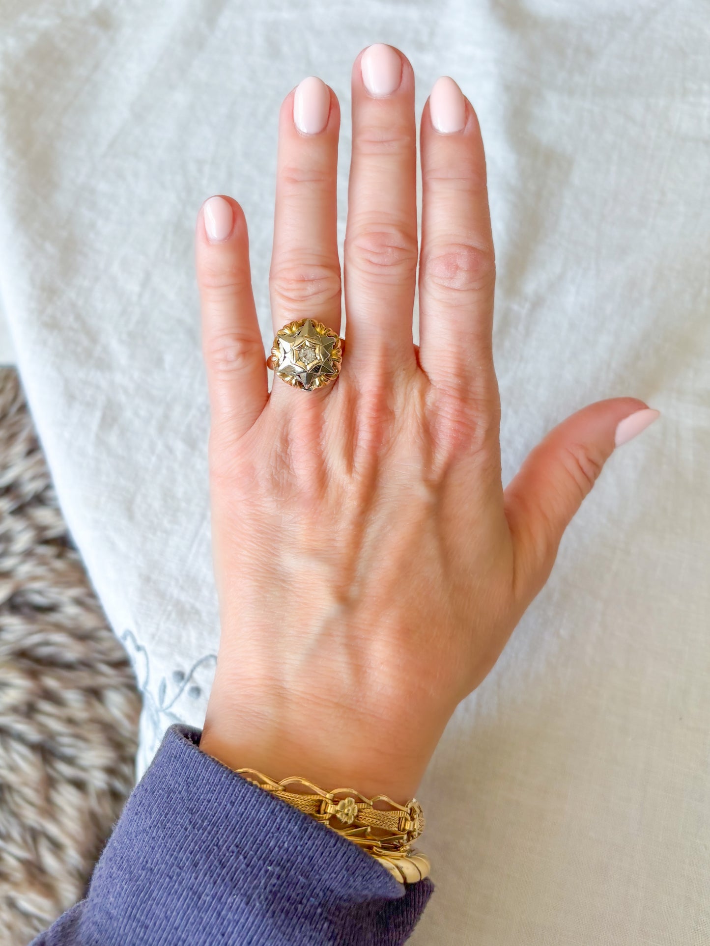 Vintage Donut Band 18k Yellow Gold Statement Ring with CZ