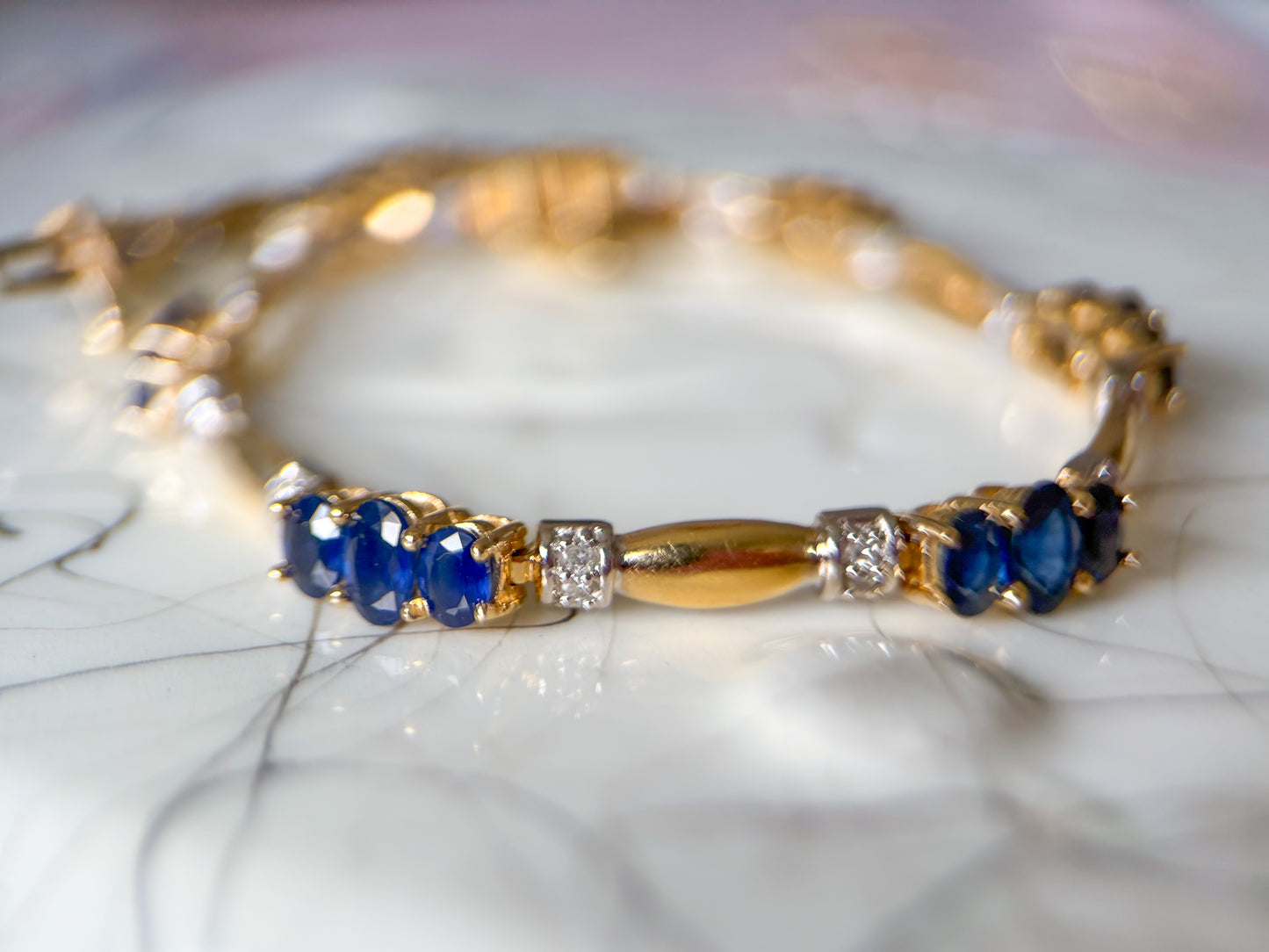 Vintage Natural Sapphire and Diamond 14k Yellow Gold Tennis Bracelet