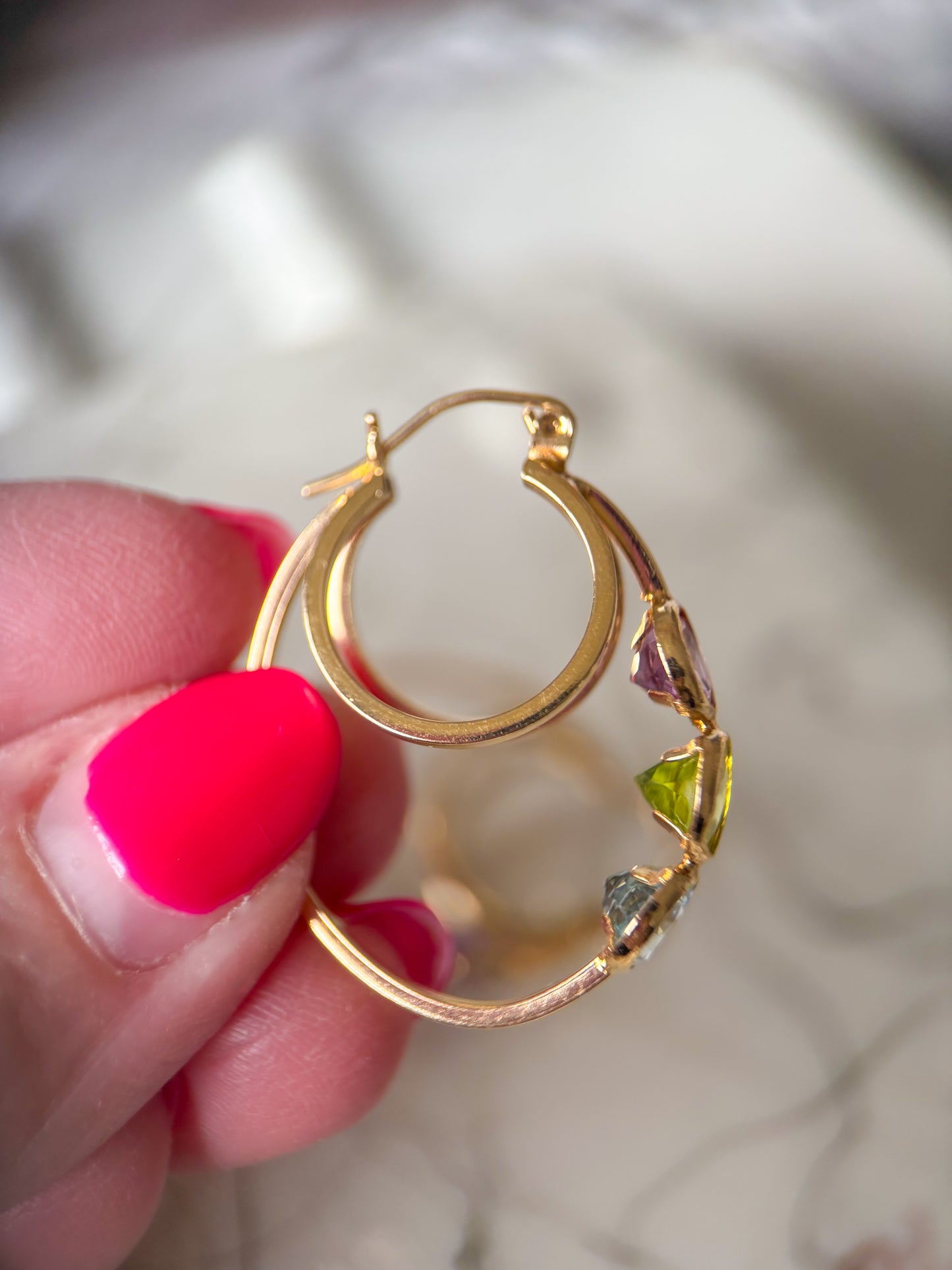 Vintage 3 Stone CZ 14k Yellow Gold Triple Hoop Earrings