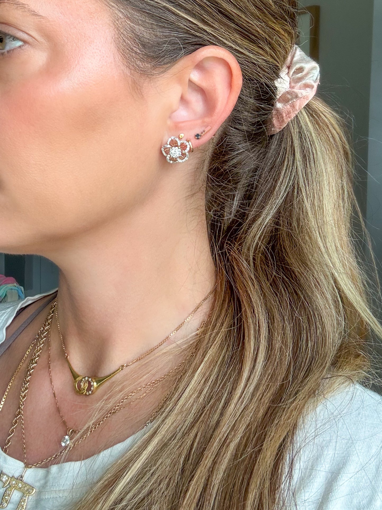 Natural Diamond Flower 14k Yellow Gold Large Stud Earrings