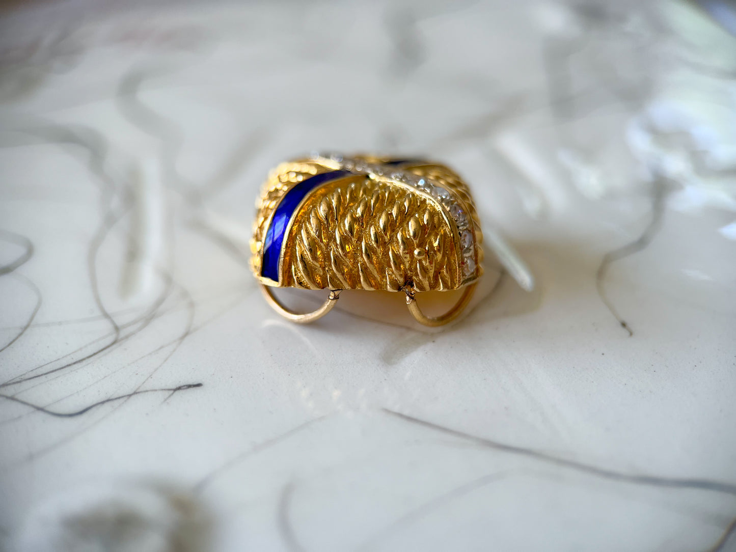 Vintage Blue Enamel and Natural Diamond Square 14k Yellow Gold Slider, circa 1960s