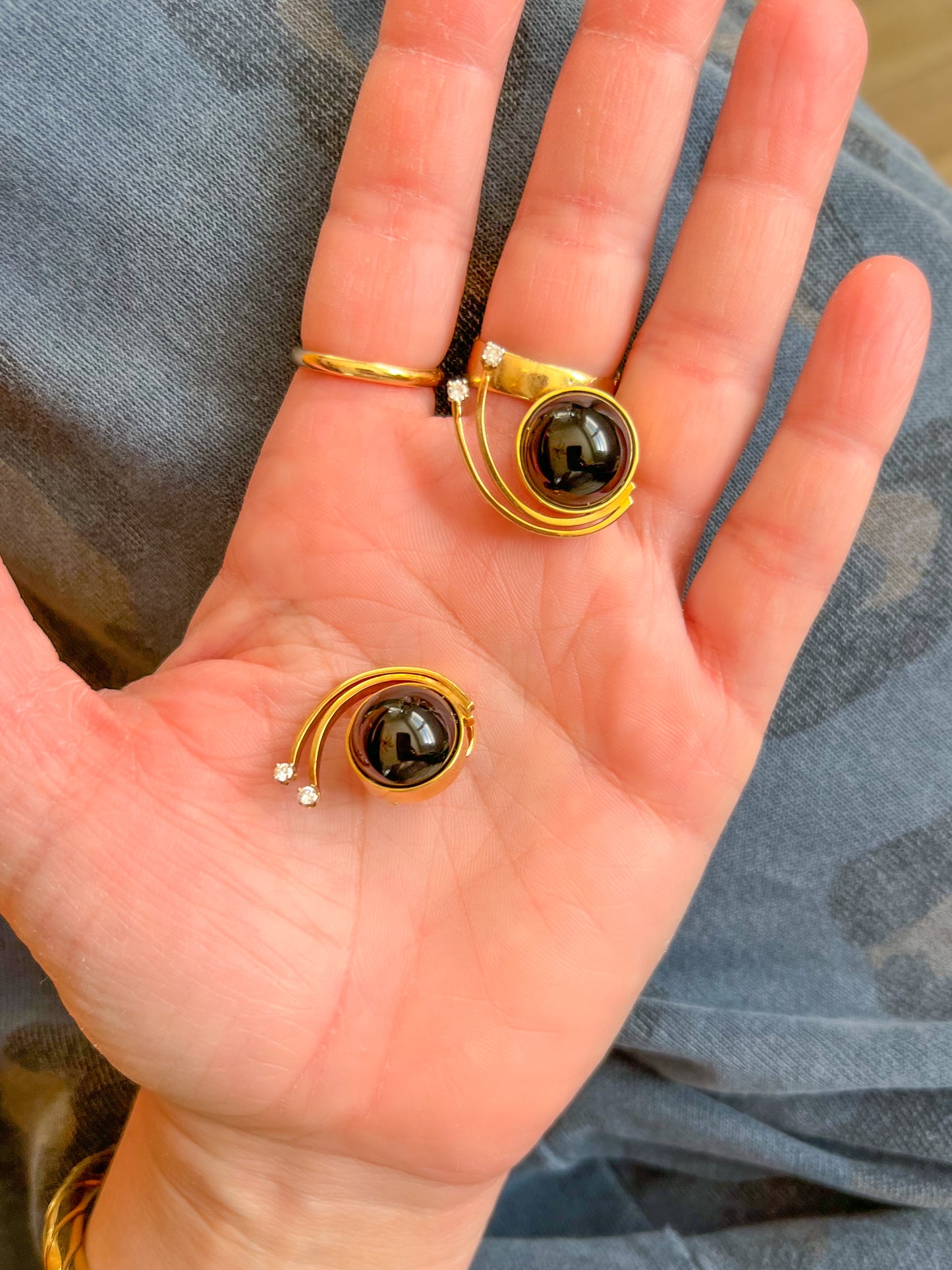 Vintage Onyx and Natural Diamond 14k Yellow Gold Large Stud Earrings, circa 1980s