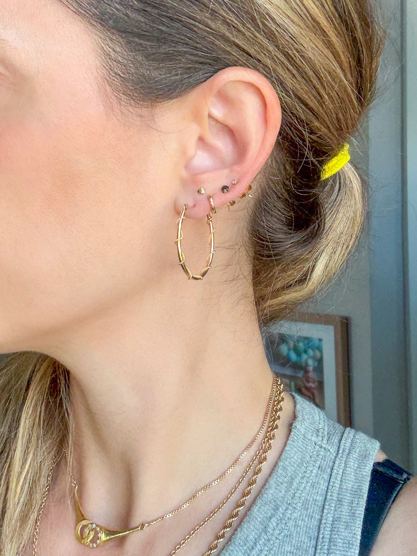 Vintage Thin Oval Hoop with Rope Detail 14k Yellow Gold Earrings