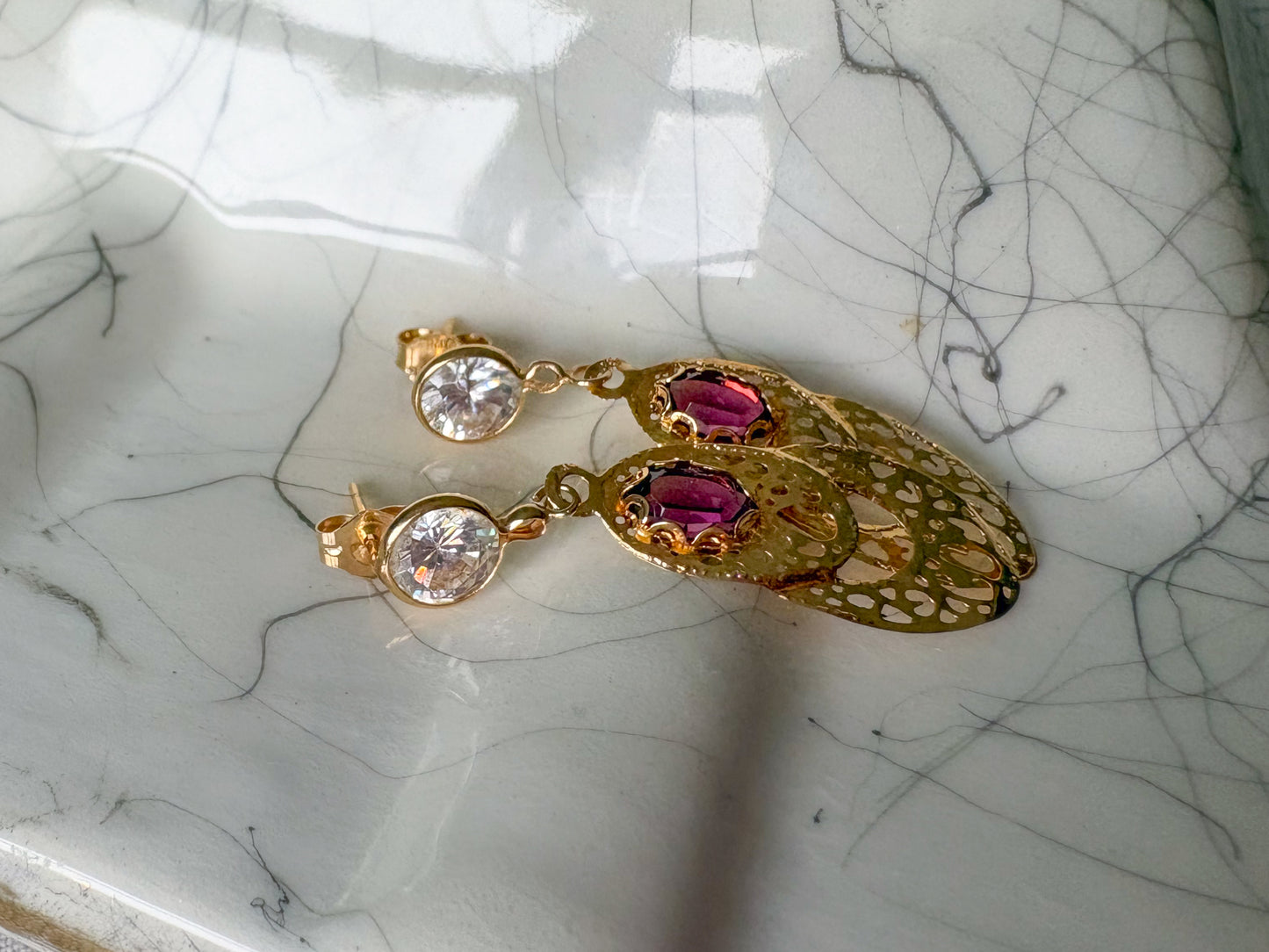 Vintage Natural Amethyst 14k Yellow Gold Drop Earrings