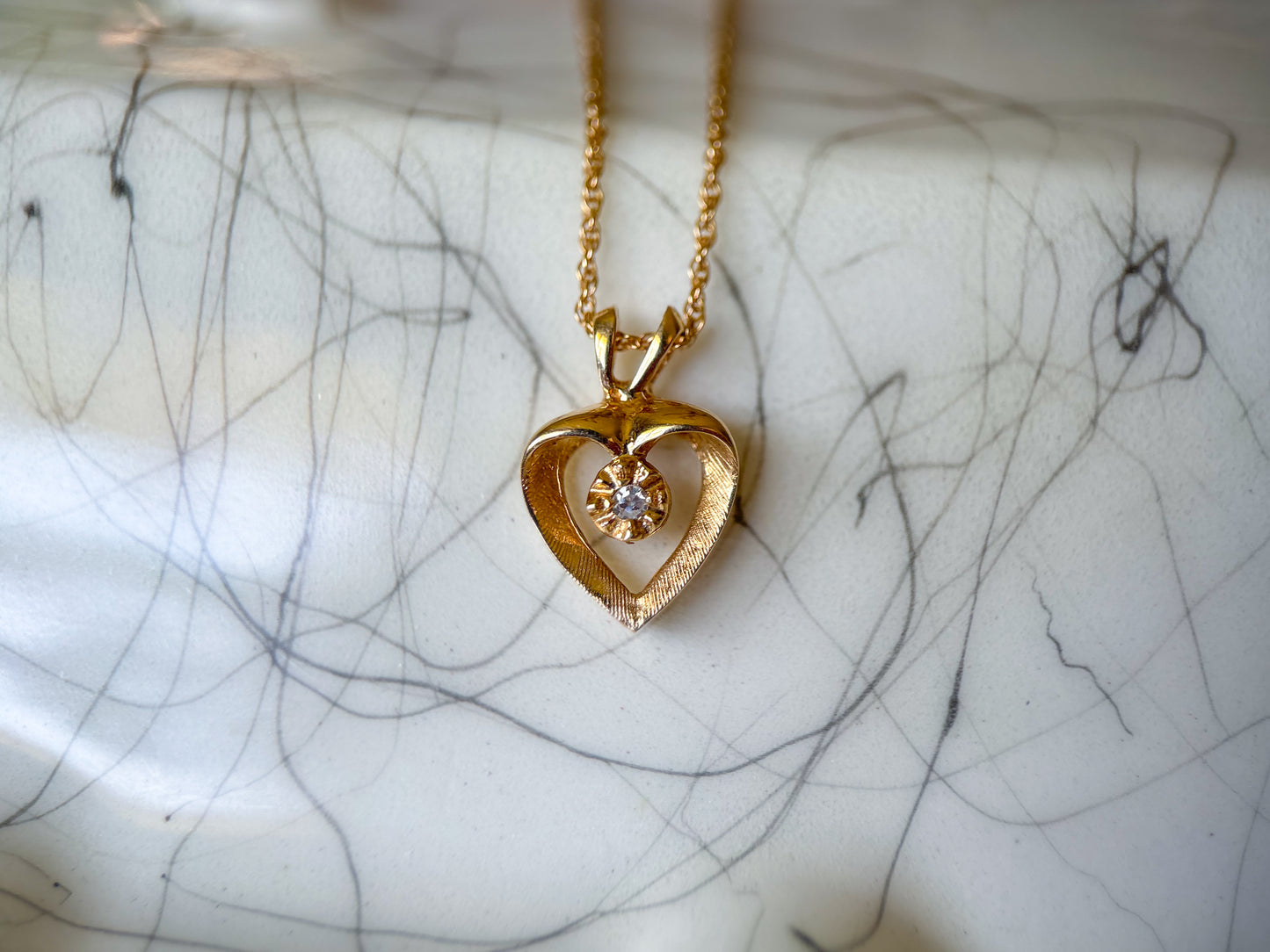 Vintage Natural Diamond Heart 14k Yellow Gold Charm with Chain