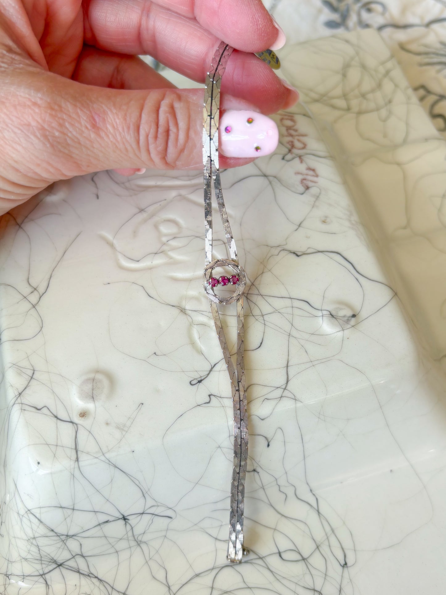 Vintage Natural Ruby 14k White Gold 7 Inch Cobra Chain Bracelet