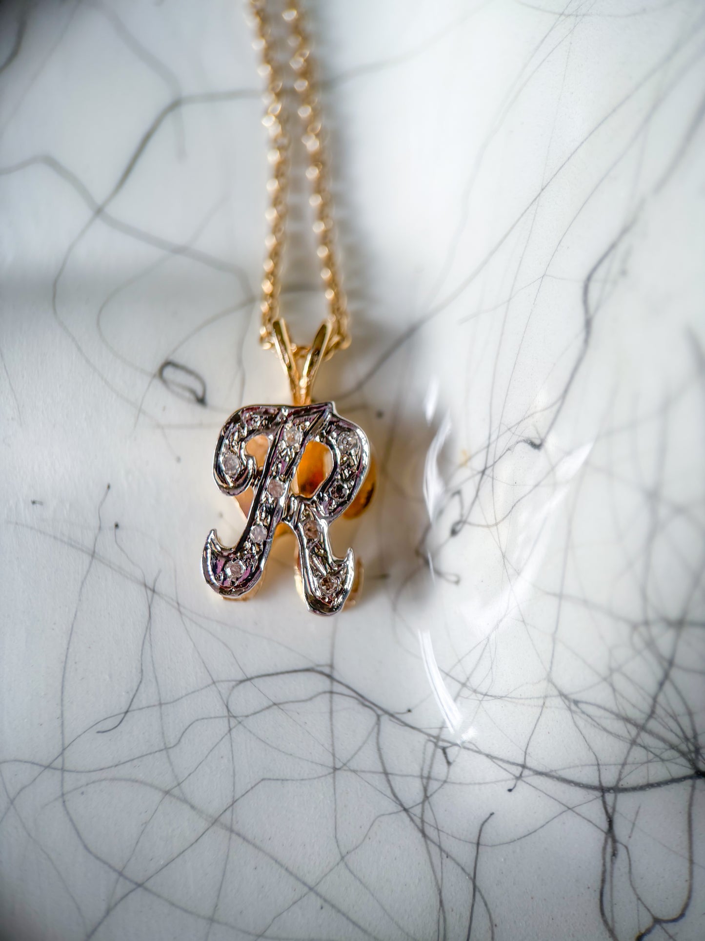 Vintage Natural Diamond Letter "R" 14k Yellow Gold Charm