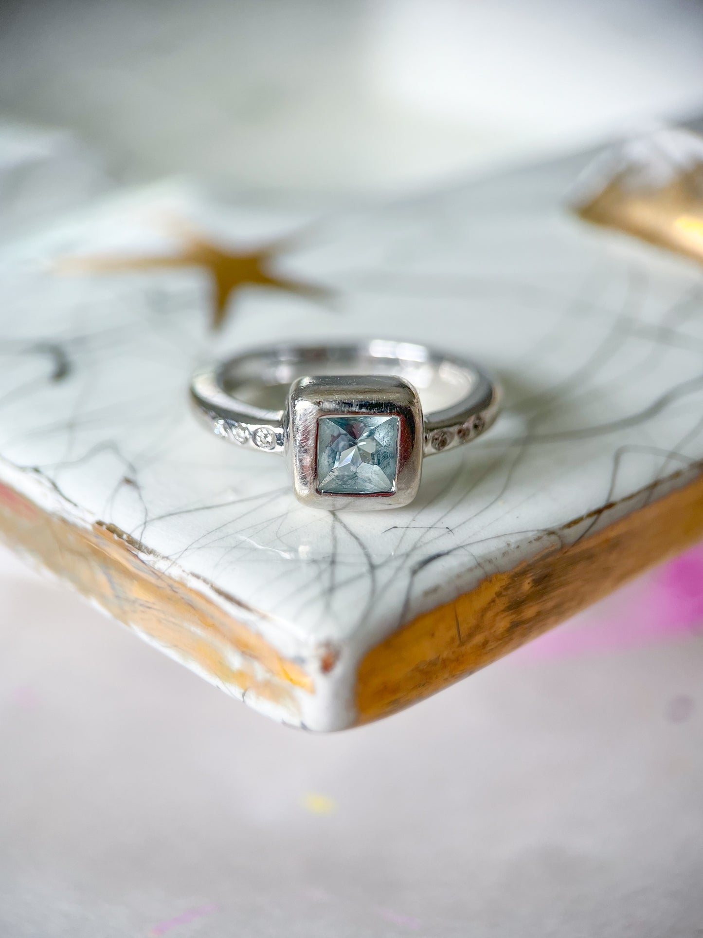Vintage Natural Aquamarine and Diamond 14k White Gold Ring