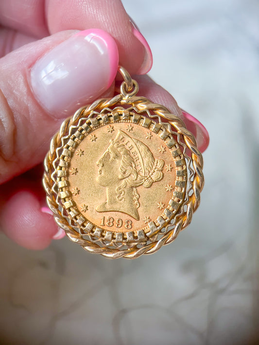 Vintage U.S. Liberty Head 21k Yellow Gold 5 Dollar Coin Pendant