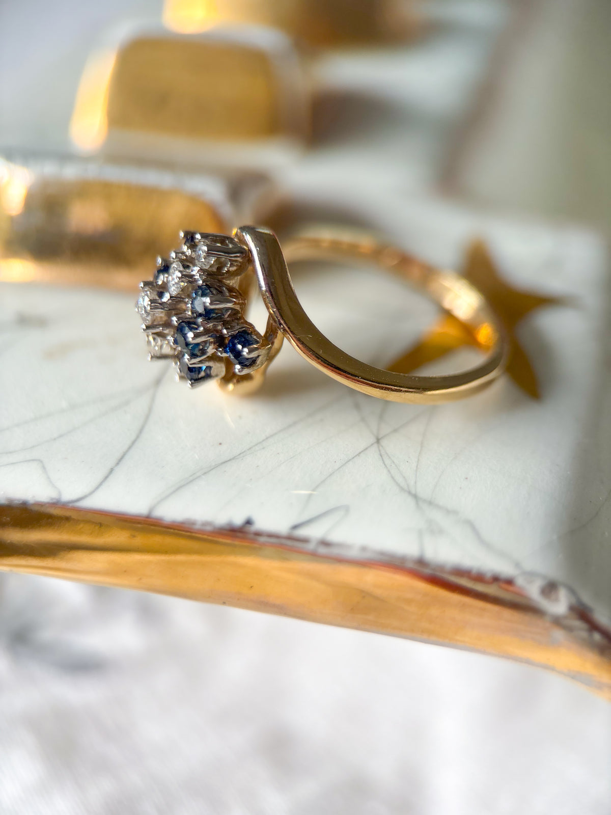 Vintage Natural Sapphire and Diamond Cluster 14k Yellow Gold Ring