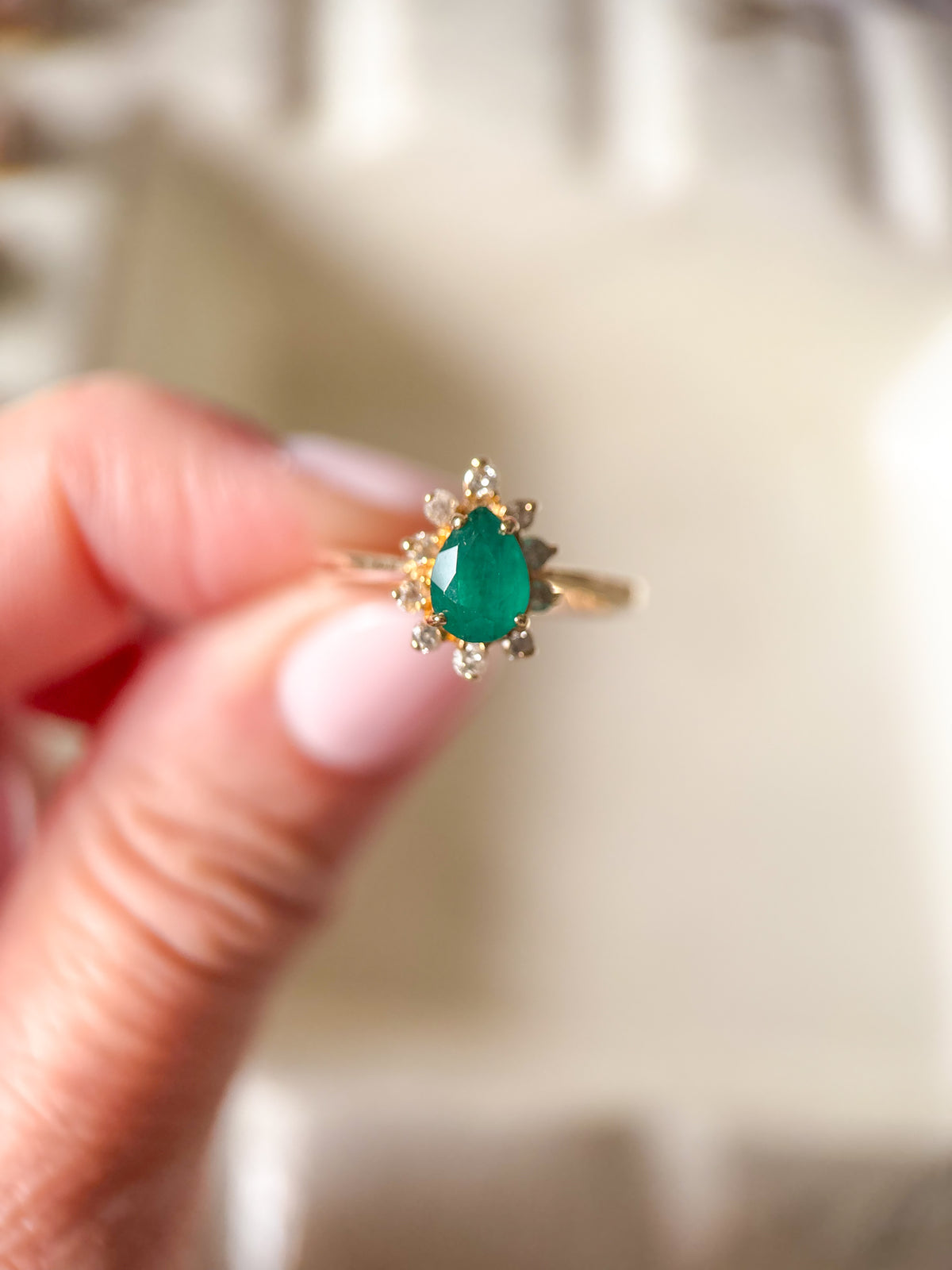 Vintage Pear Shaped Natural Emerald and Diamond 14k Yellow Gold Ring