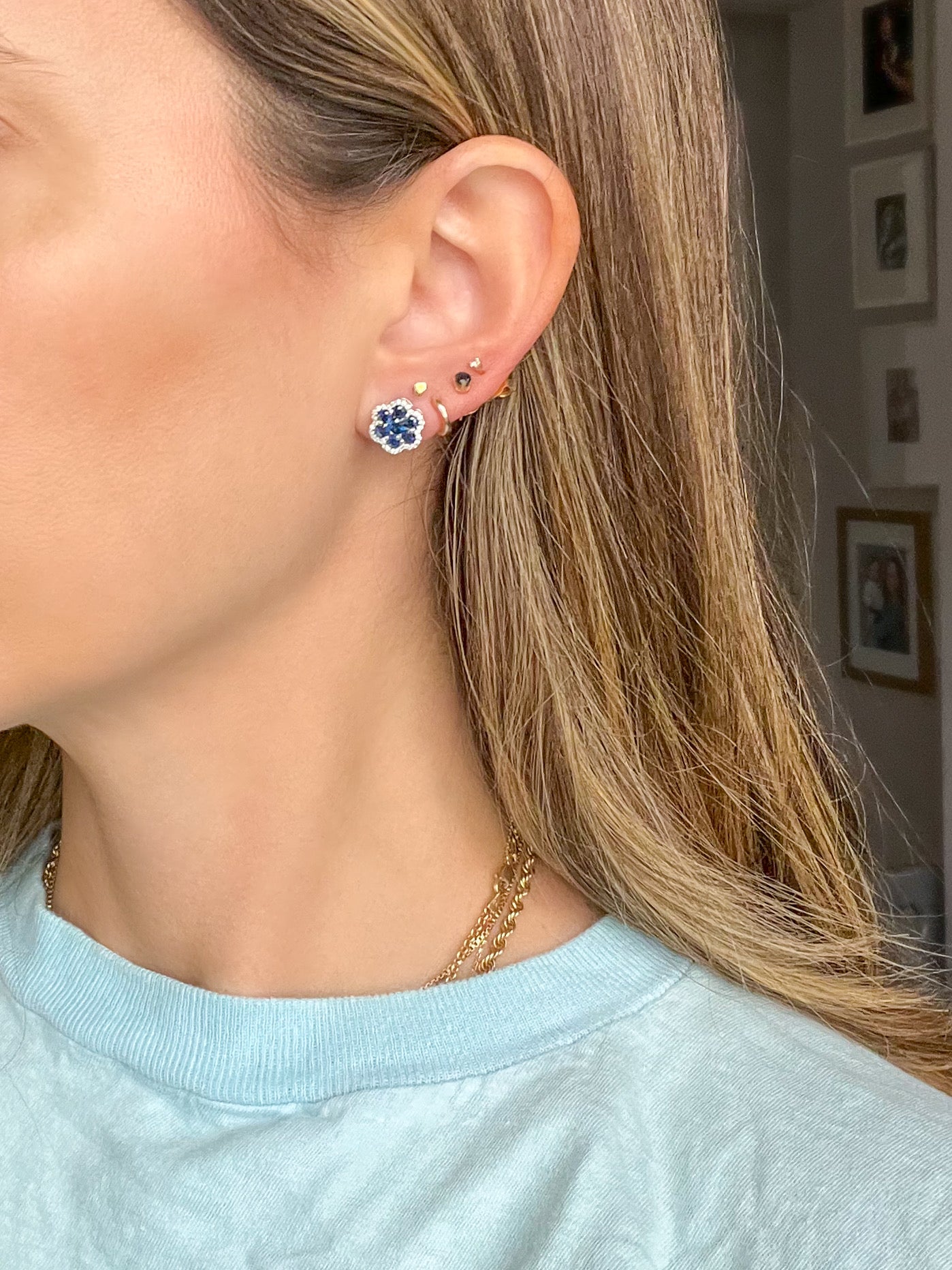 Natural Ruby, Sapphire, Emerald and Diamond 14k White Gold Stud Earrings