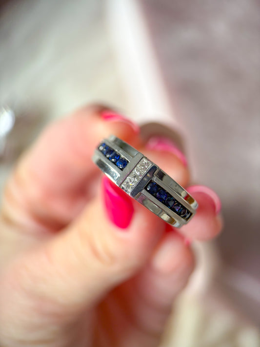 Vintage Natural Sapphire and Diamond 10k White Gold Men's Ring