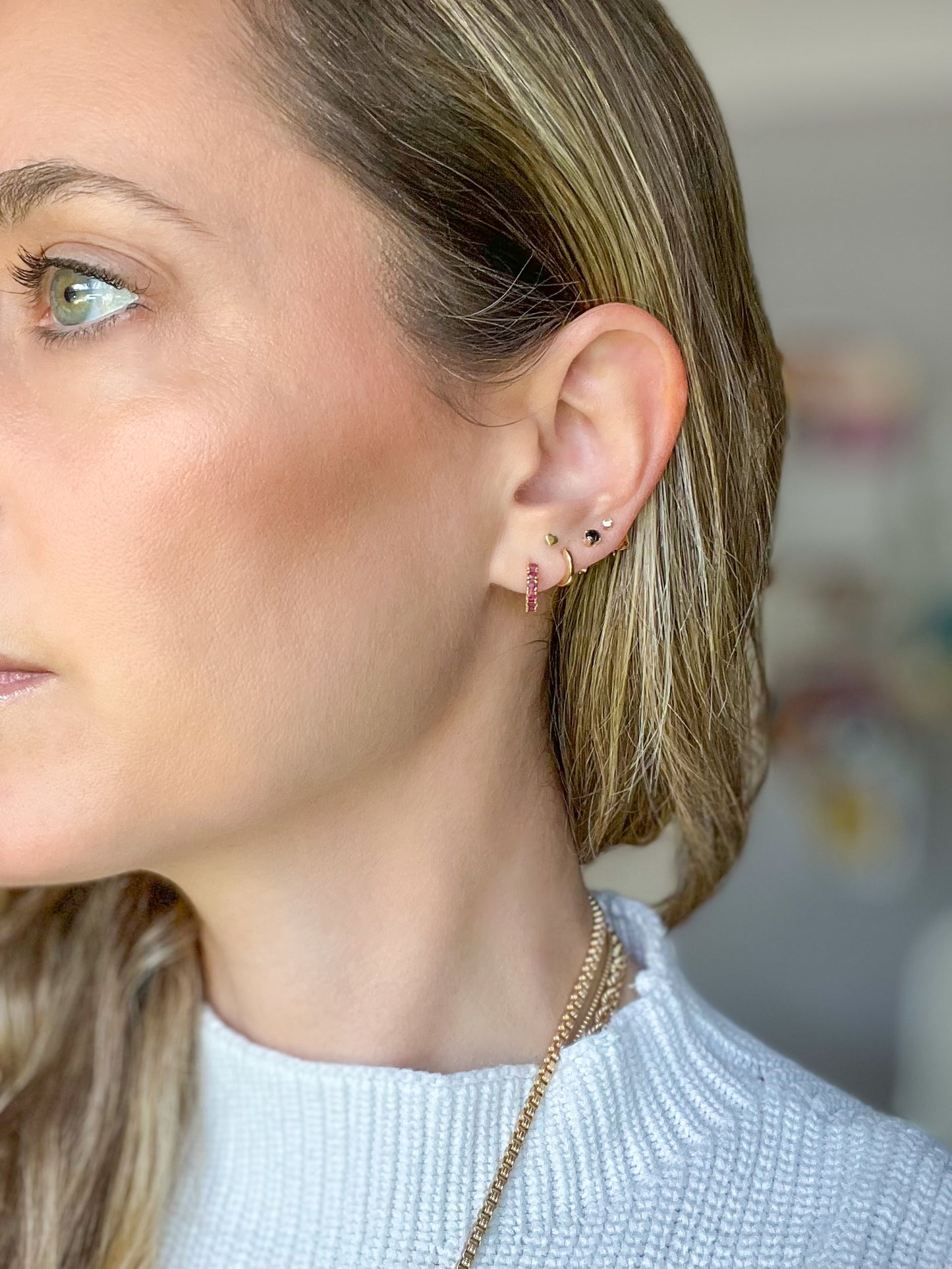 Vintage Half Hoop Natural Ruby 14k Yellow Gold Stud Earrings