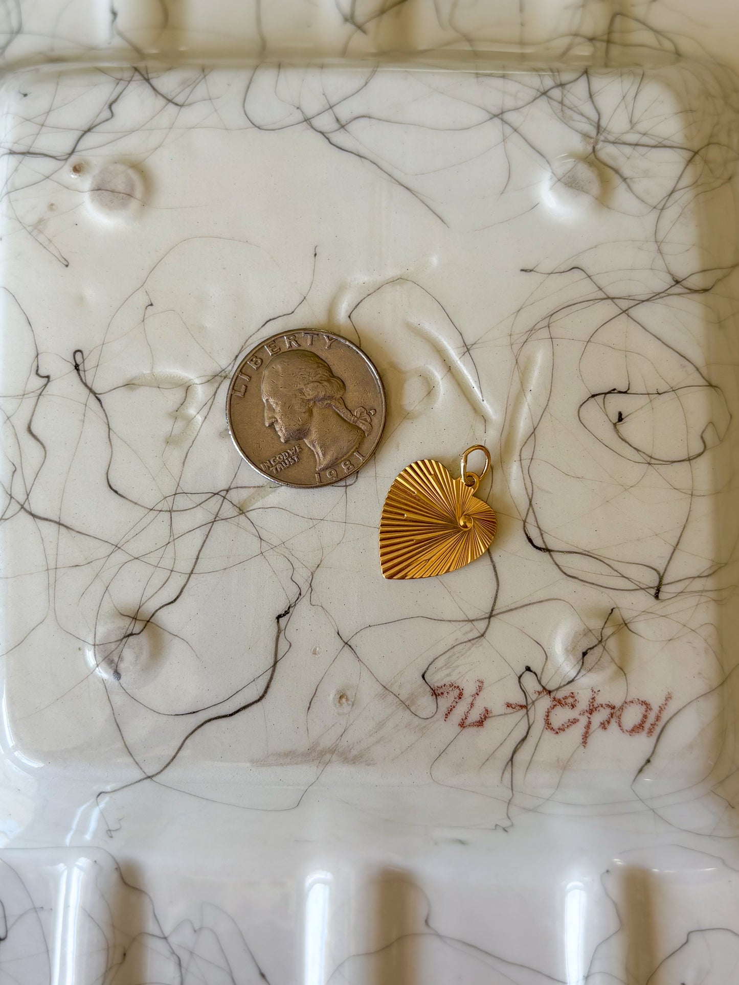 Vintage Engine Turned Heart 14k Yellow Gold Charm, Engraved: "Thou Shall Not Covet Thy Neighbor's Goods"