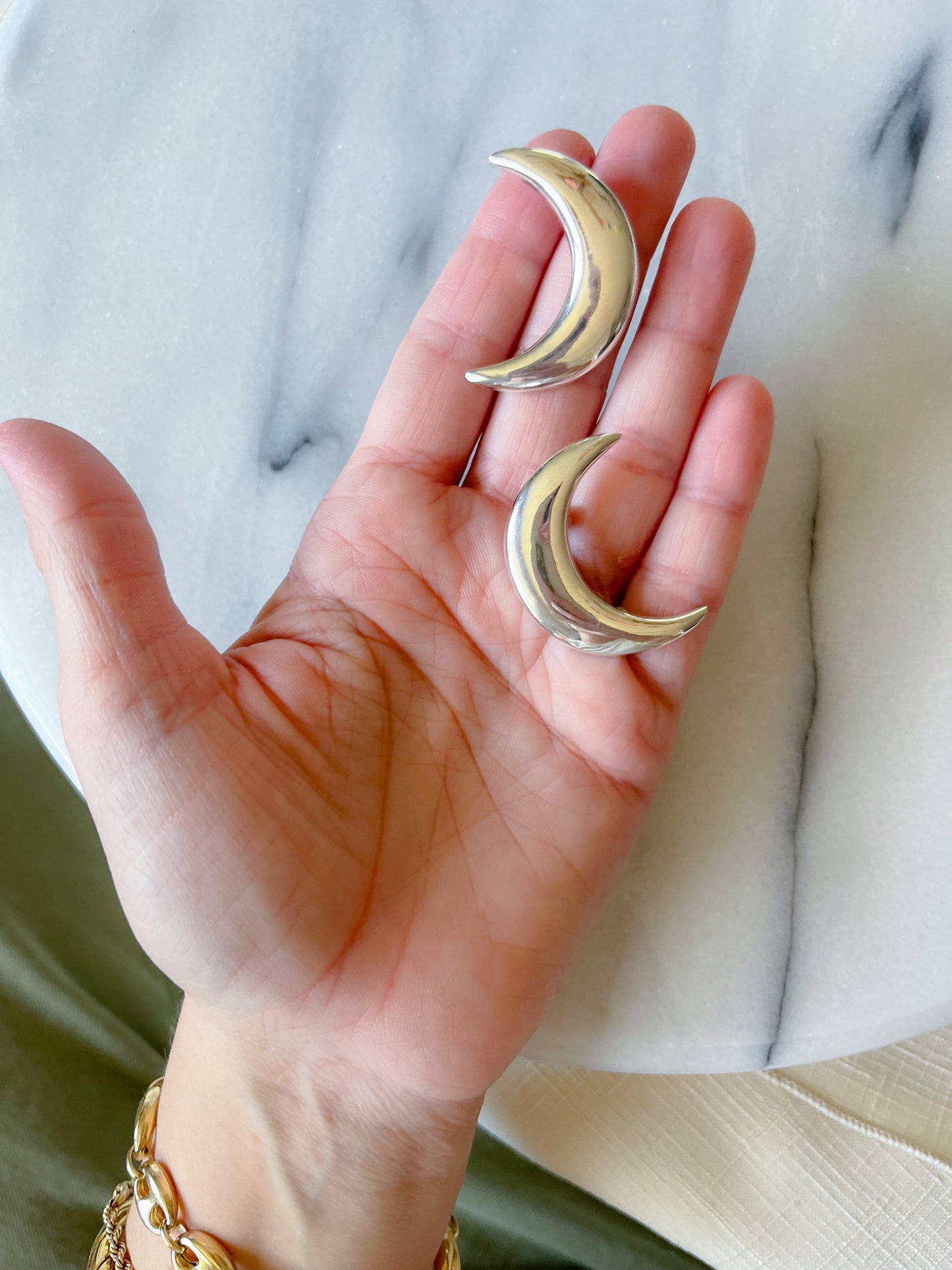 Vintage Sterling Silver Large Moon Crescent Stud Earrings, circa 1970s