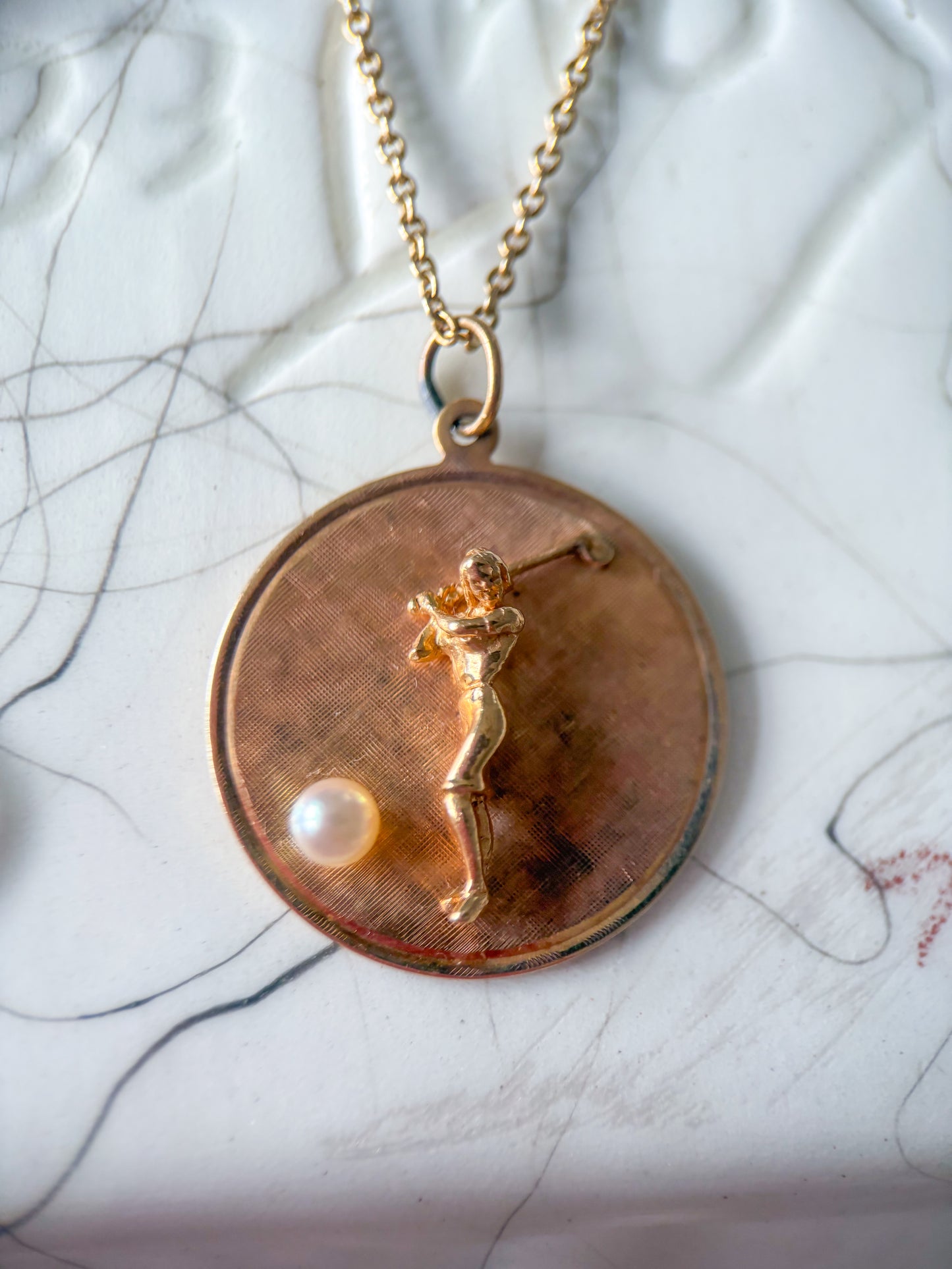 Vintage Golfer with Pearl 14k Yellow Gold Charm