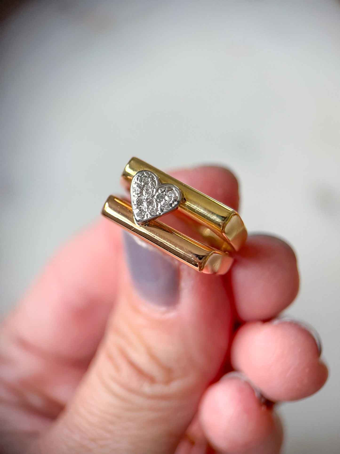 Vintage Double Bar Natural Diamond Heart Two Toned 14k Rose and Yellow Gold Ring