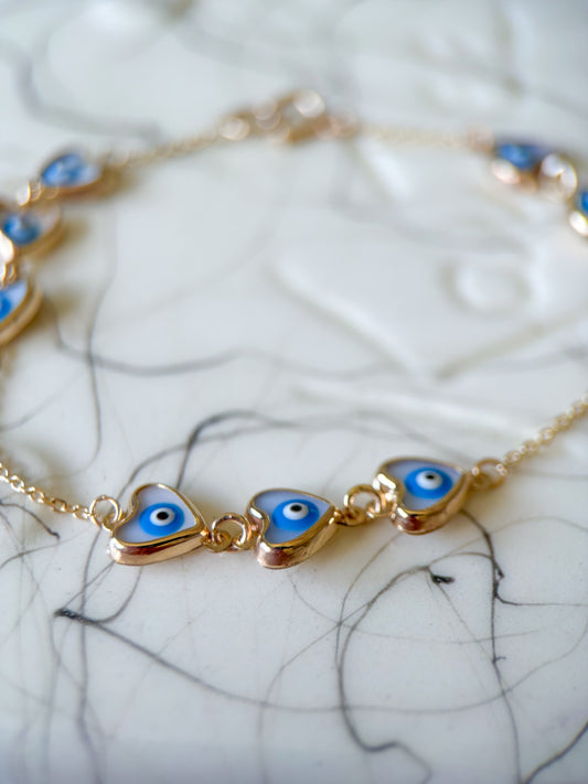 Heart Evil Eye 10k Yellow Gold 7 Inch Bracelet