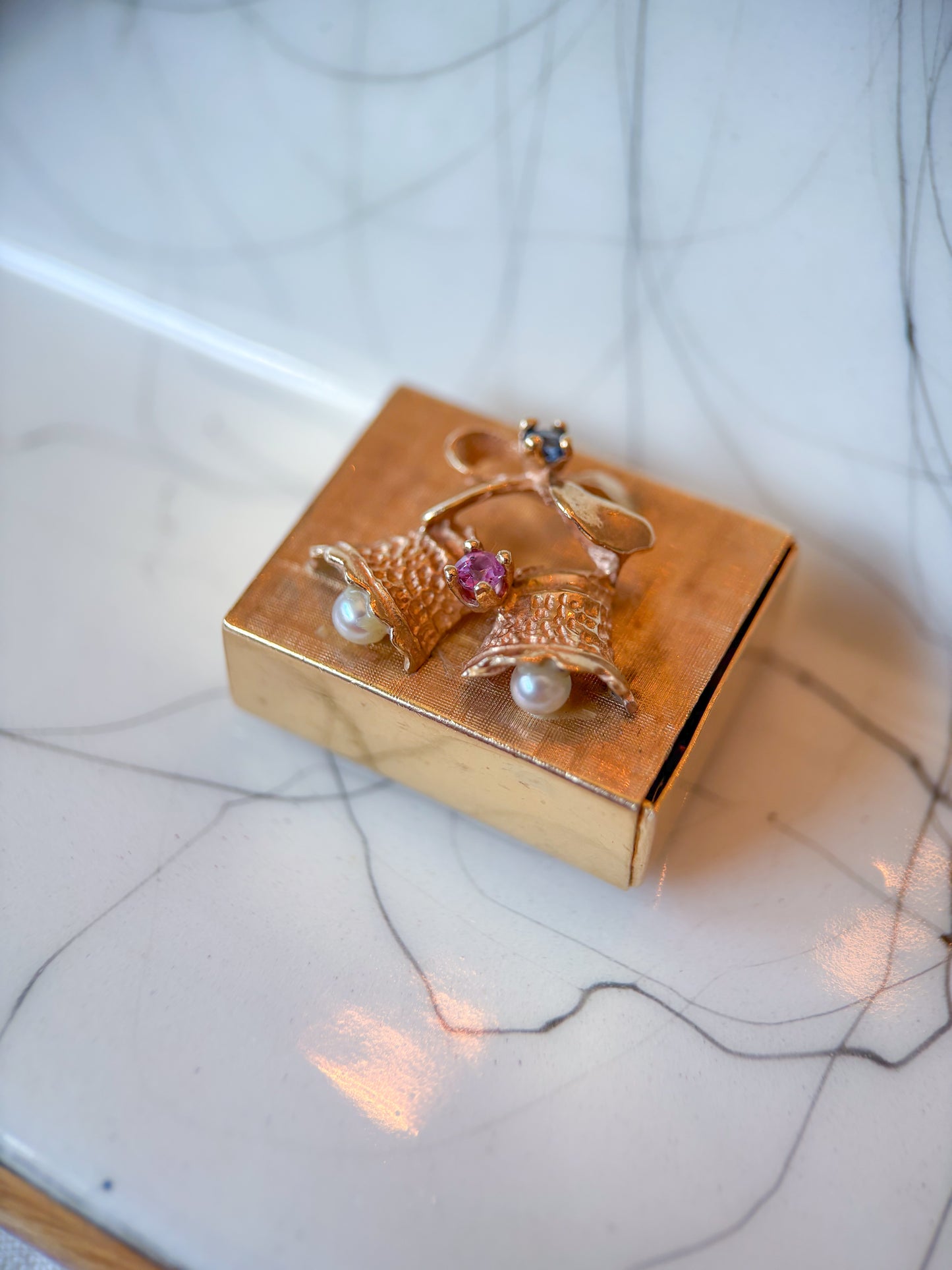 Vintage Music Box 14k Yellow Gold and Pearls Ruby and Sapphire, circa 1950s