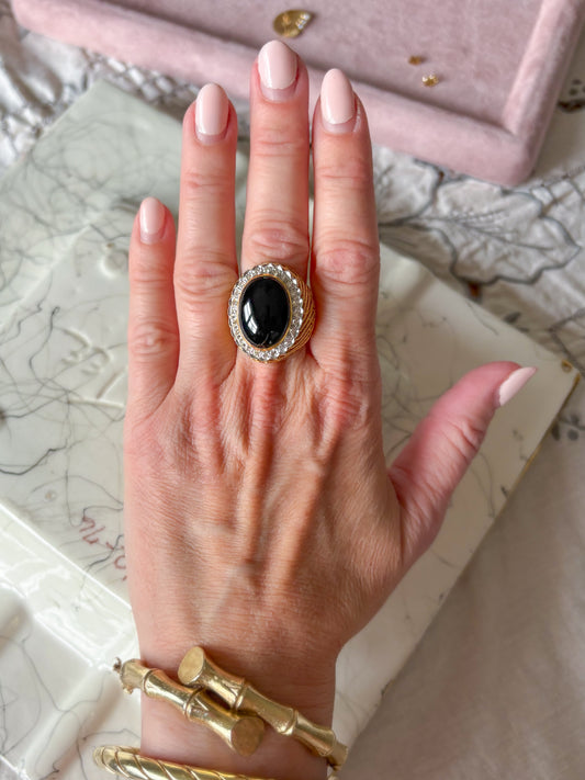 Vintage Onyx and Natural Diamond 18k Yellow Gold Statement Ring
