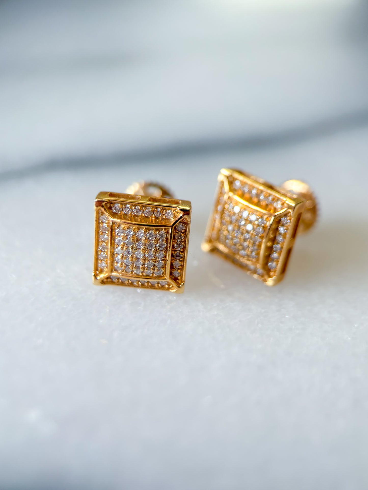 Vintage Natural Diamond 14k Yellow Gold Square Stud Earrings