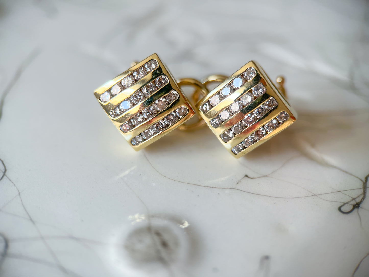 Vintage Square Natural Diamond 14k Yellow Gold Stud Earrings