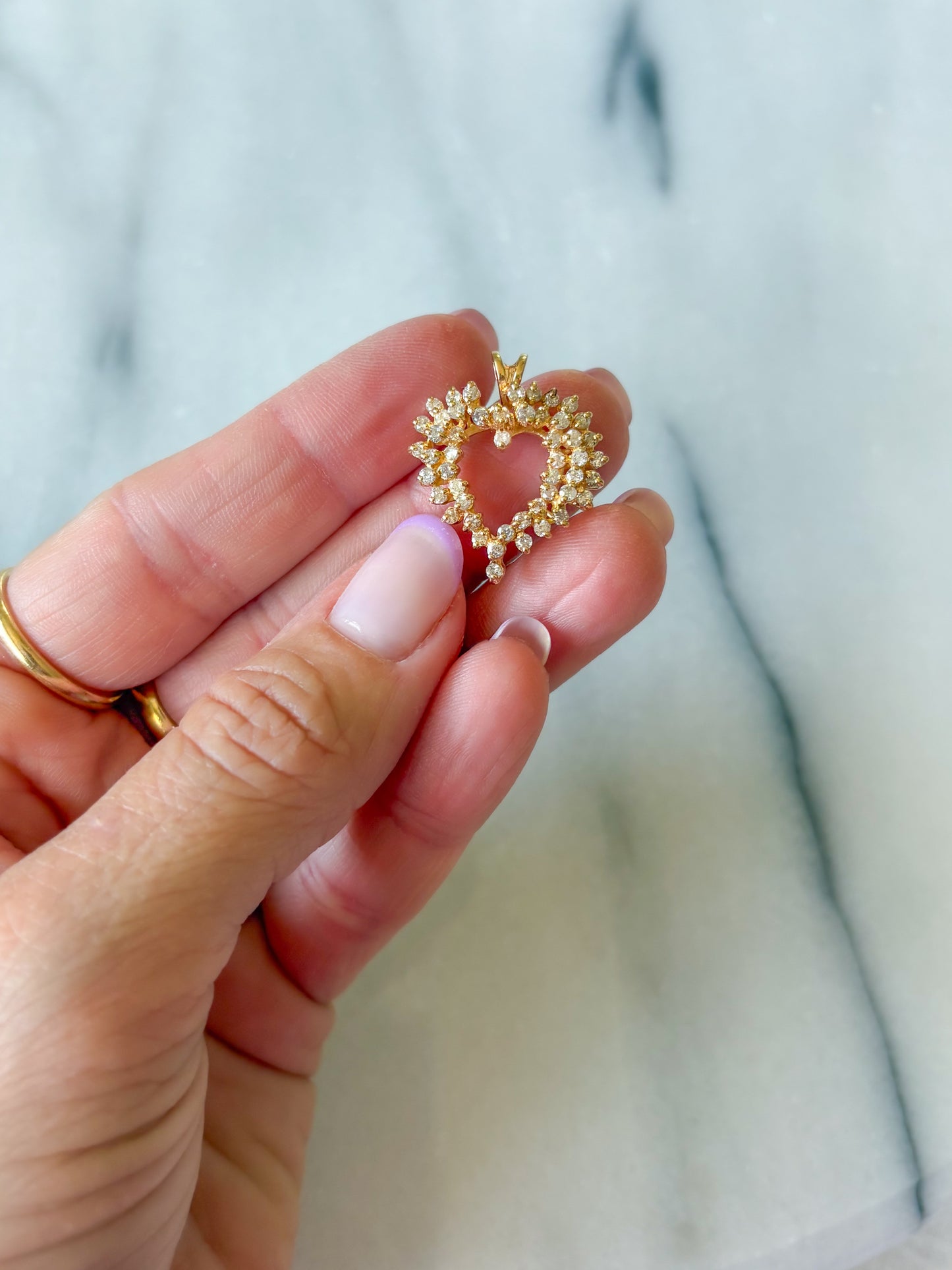 Vintage Natural Diamond Open Heart 14k Yellow Gold Charm