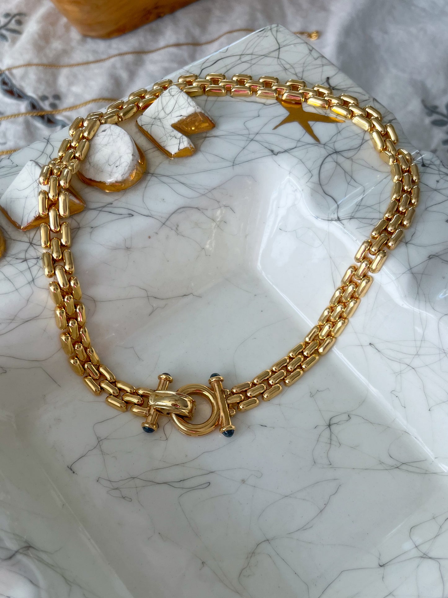 Vintage Panther Link 14k Yellow Gold Necklace with Sapphire Cabochon Toggle