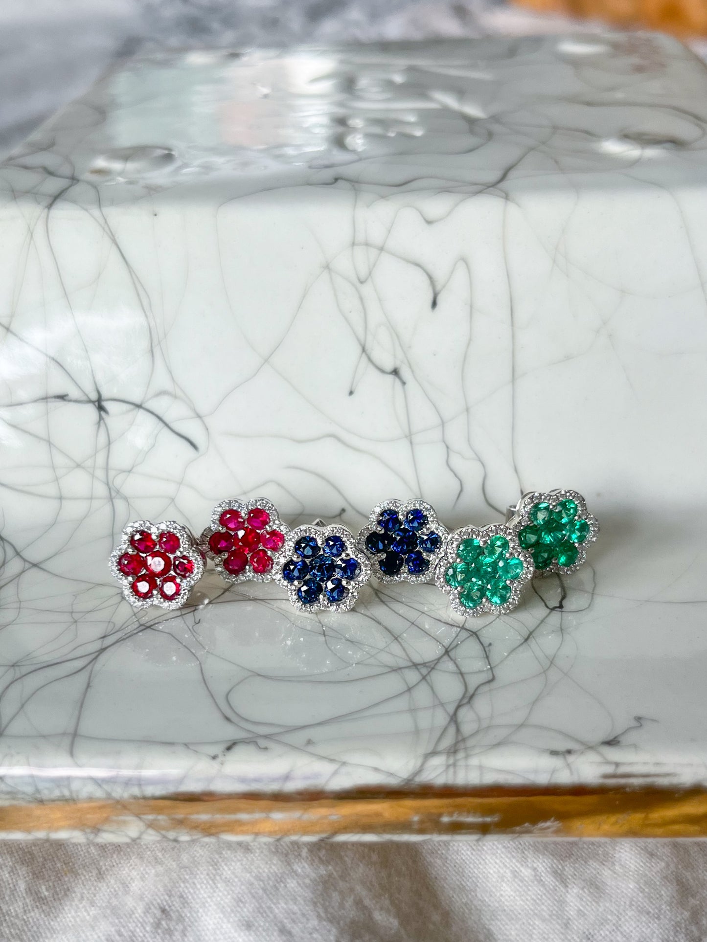 Natural Ruby, Sapphire, Emerald and Diamond 14k White Gold Stud Earrings