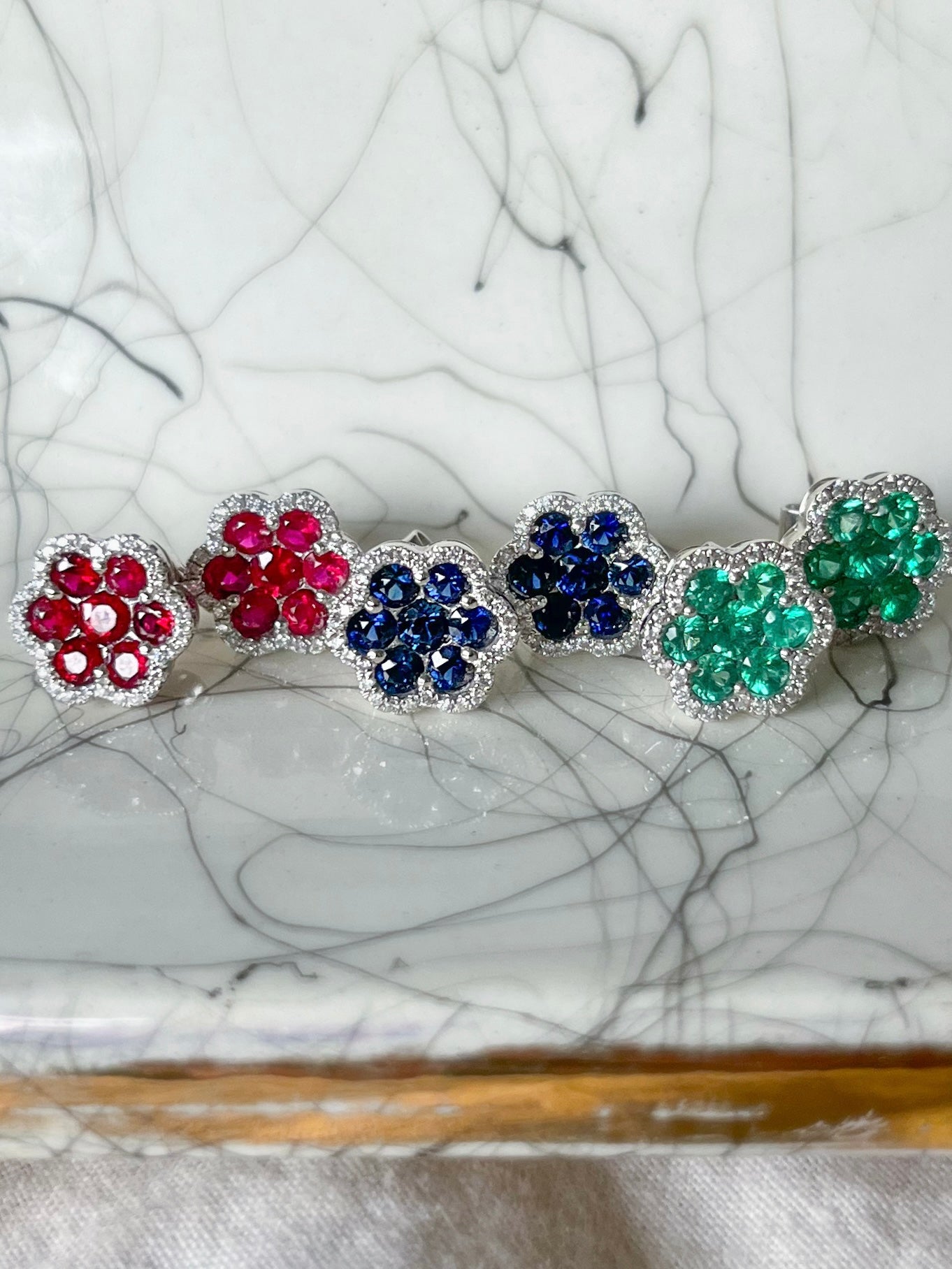 Natural Ruby, Sapphire, Emerald and Diamond 14k White Gold Stud Earrings