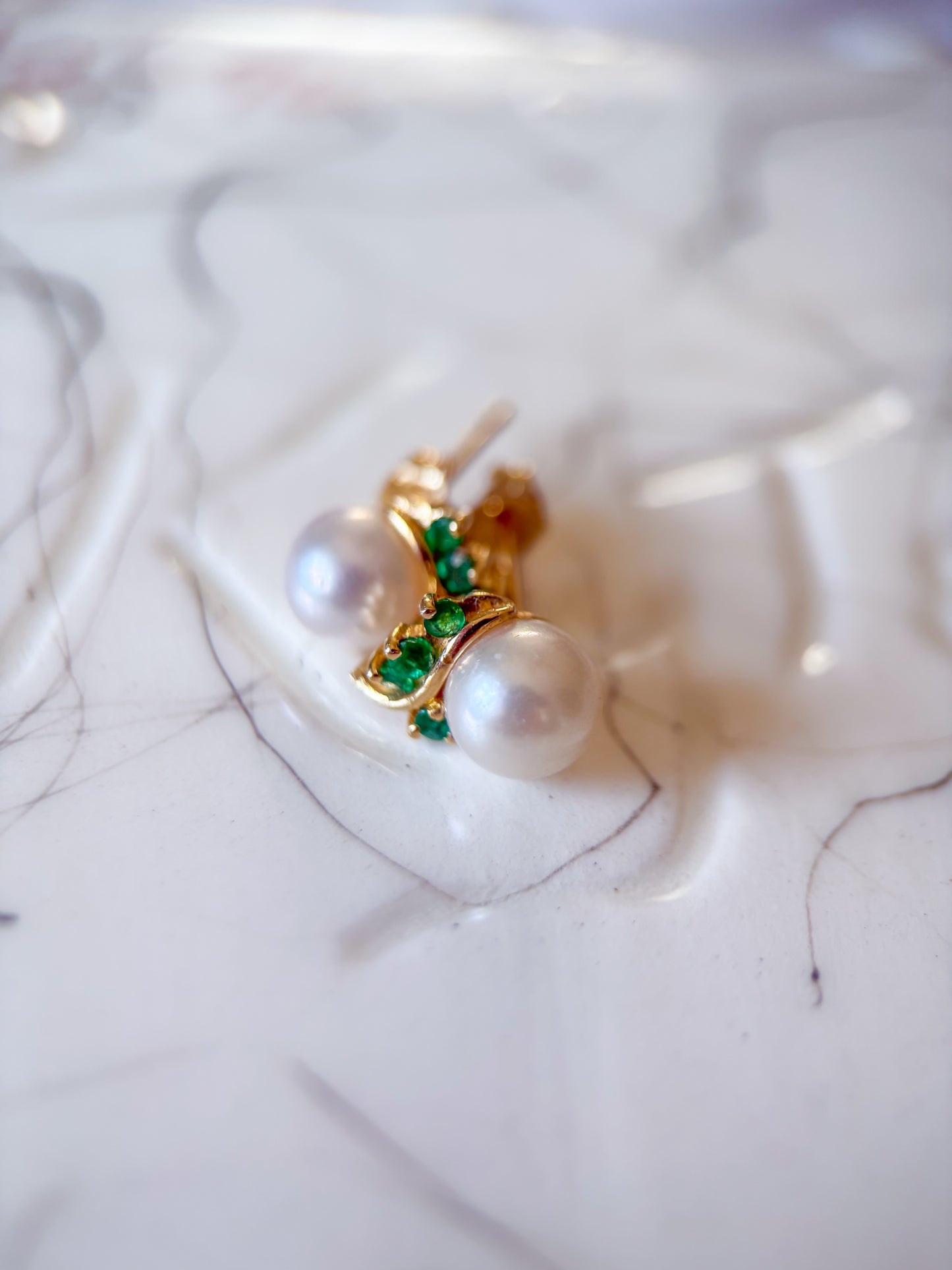 Vintage Pearl Stud with Natural Emeralds 14k Yellow Gold Earrings
