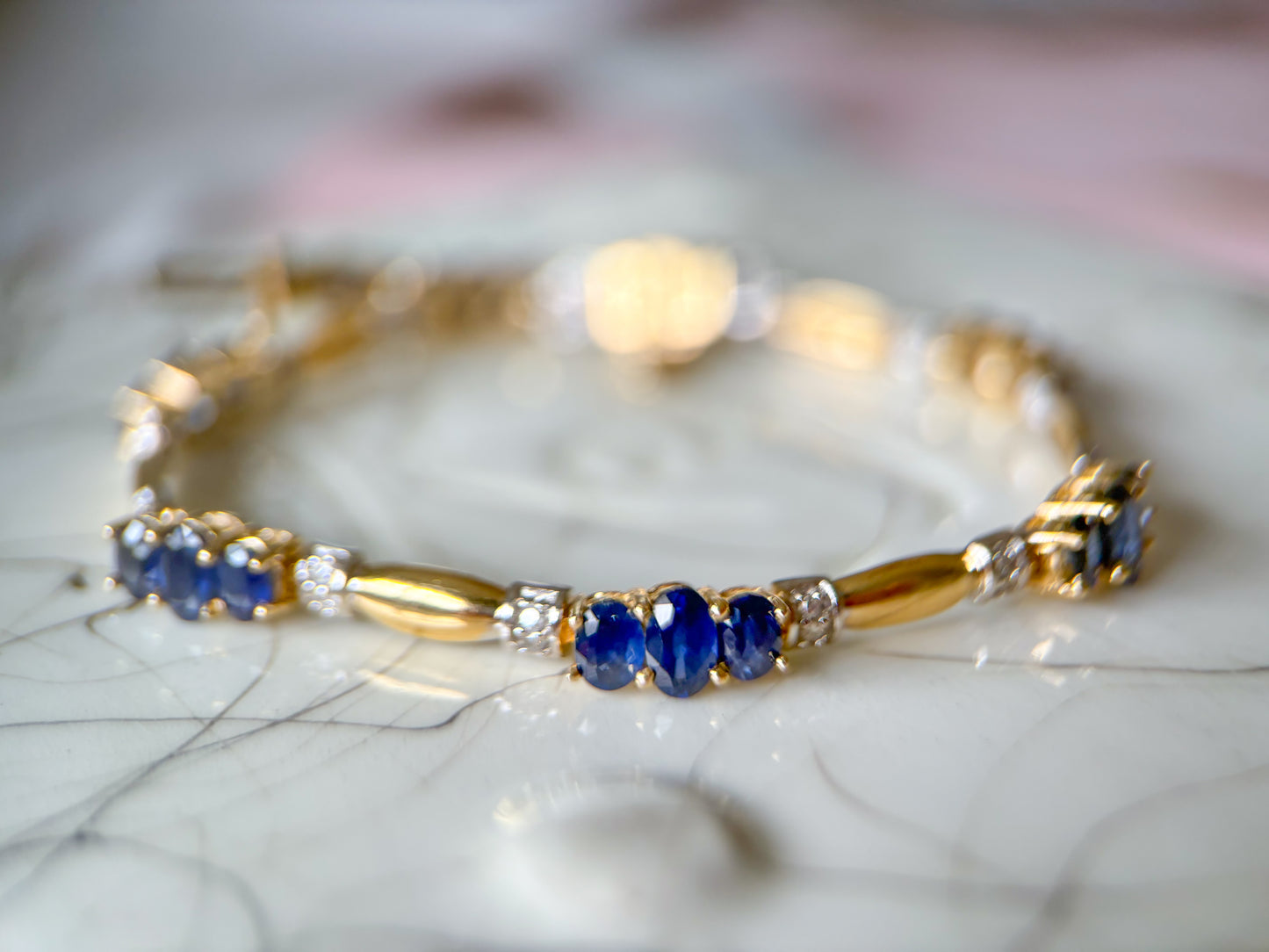 Vintage Natural Sapphire and Diamond 14k Yellow Gold Tennis Bracelet