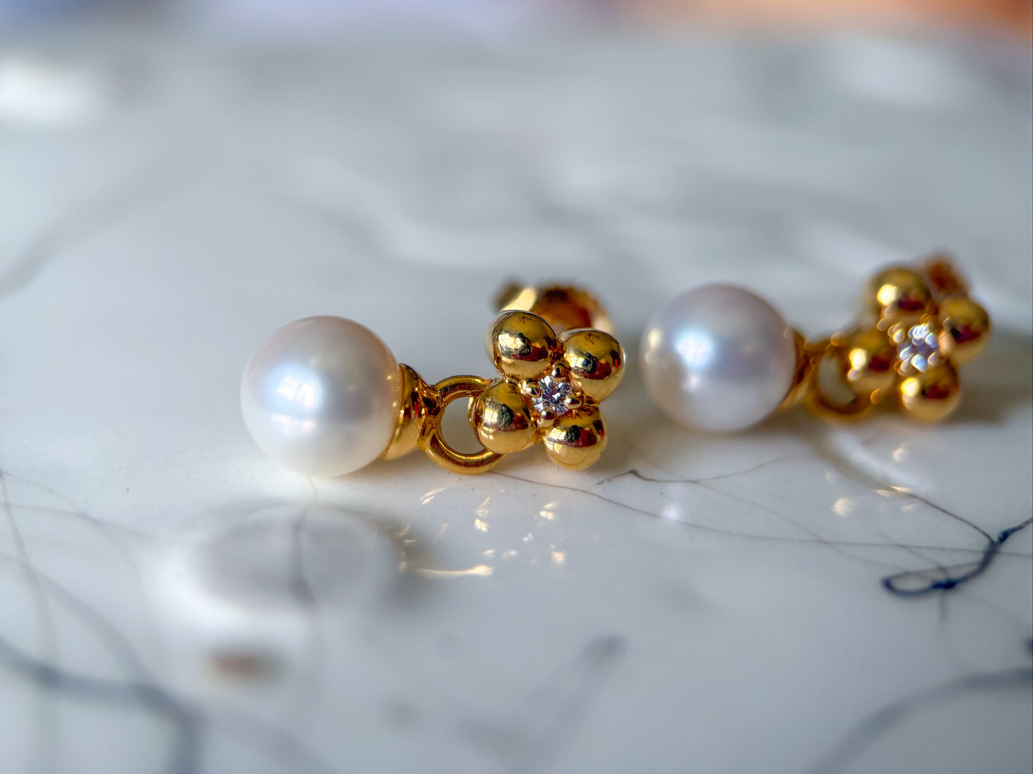 Vintage Natural Diamond and Pearl 18k Yellow Gold Drop Earrings